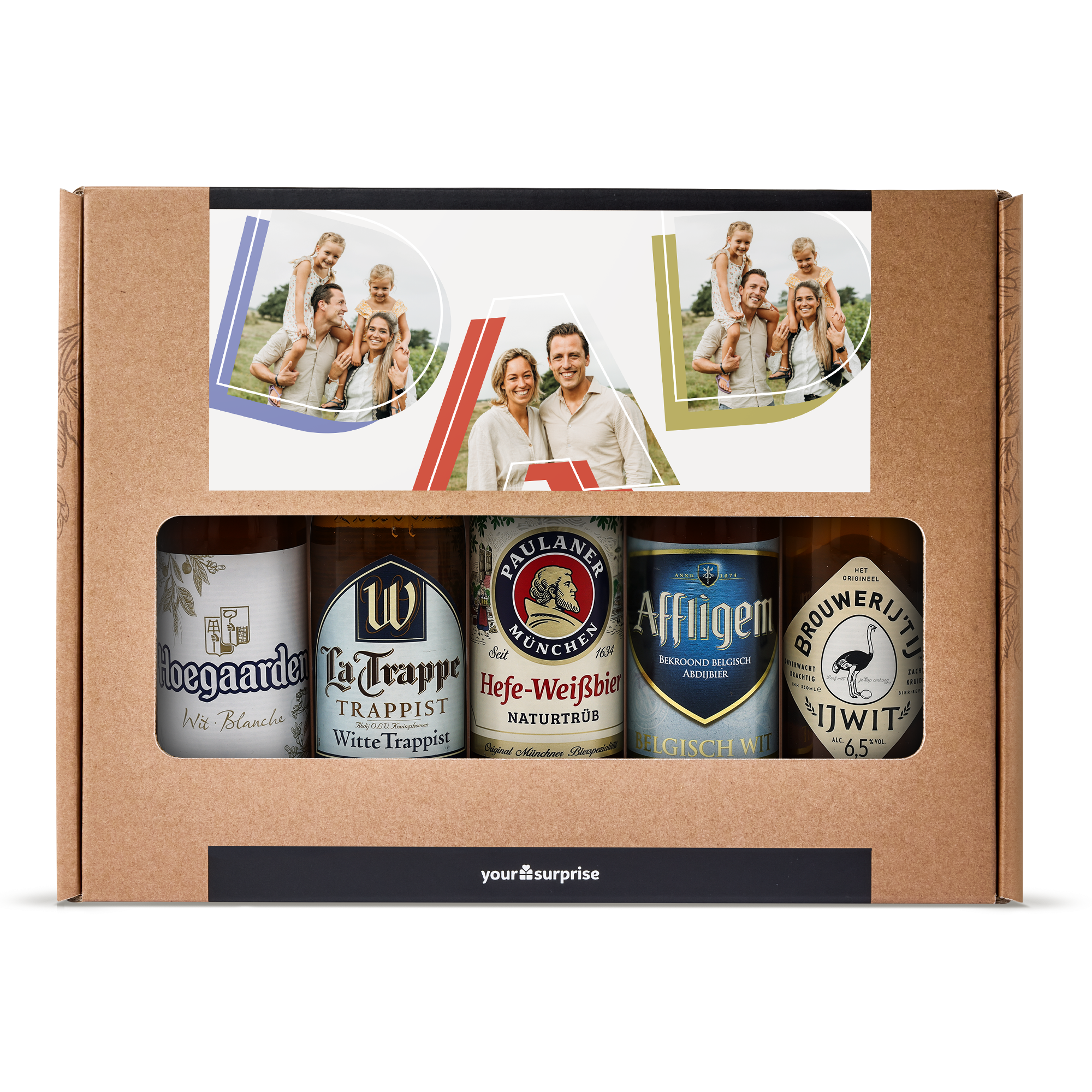 Um conjunto de cerveja personalizado com cinco cervejas Weizen e uma caixa de presente impressa com fotos.