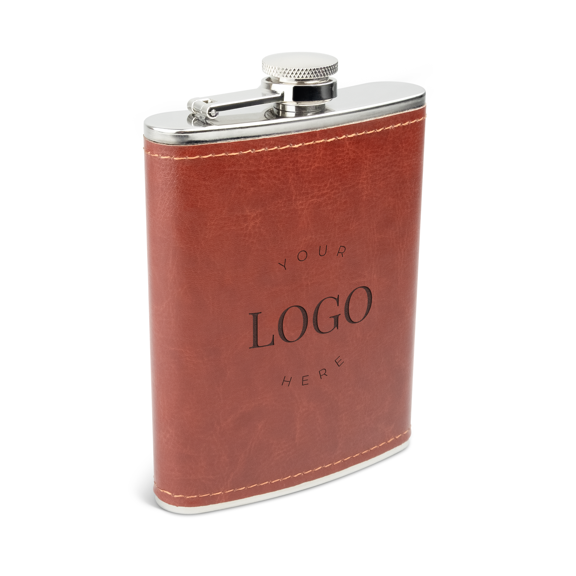 Brun lyxig plunta i läderimitation graverad med Your Logo Here text för personliga drycker