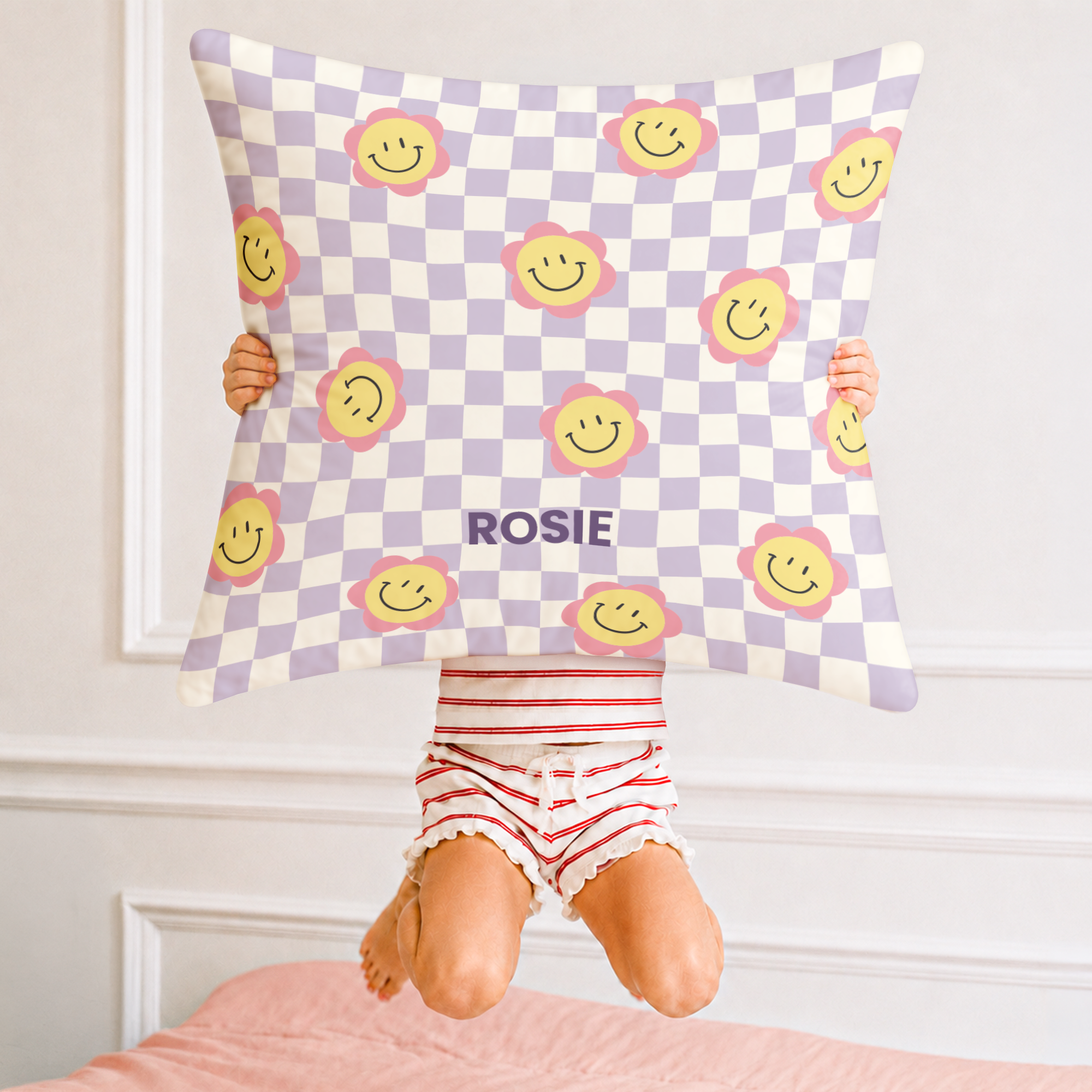 Personalisierter Kopfkissenbezug - 80 x 80 cm - Vollflächig bedruckt mit Namen Rosie und einem fröhlichen Blumenmuster