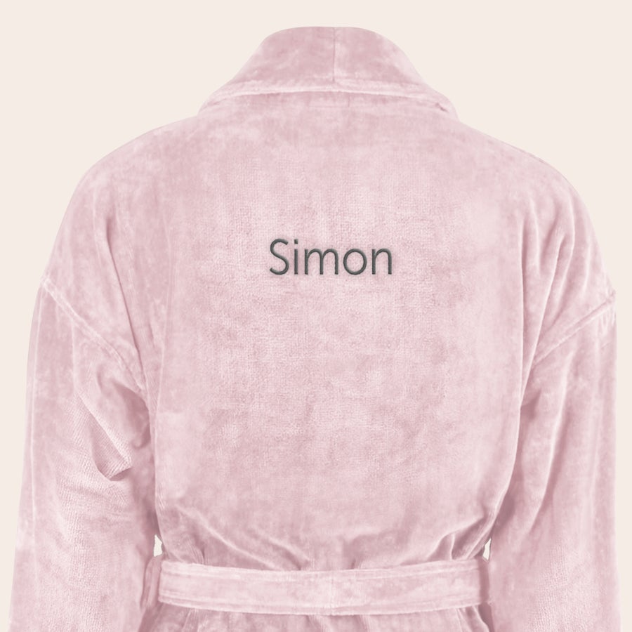 Albornoz - Hombre Bata de baño rosa pastel personalizada, suave y de algodón, con el nombre Simon bordado en la espalda.