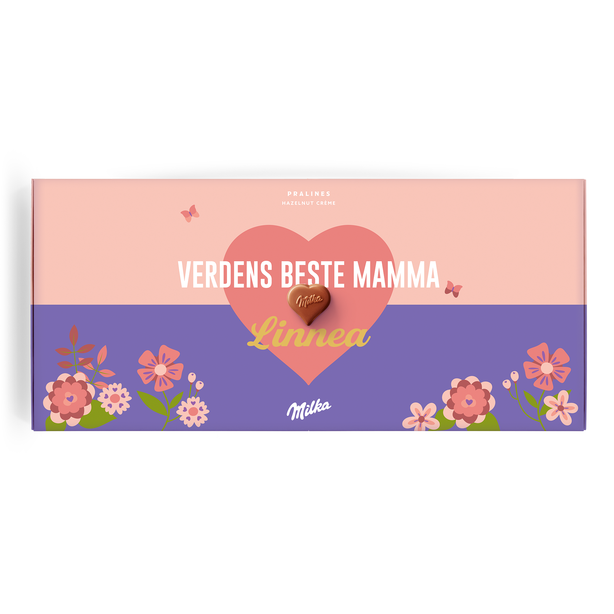 Personlig Milka sjokoladegaveeske trykt med tekst Verdens Beste Mamma og navn Linnea.
