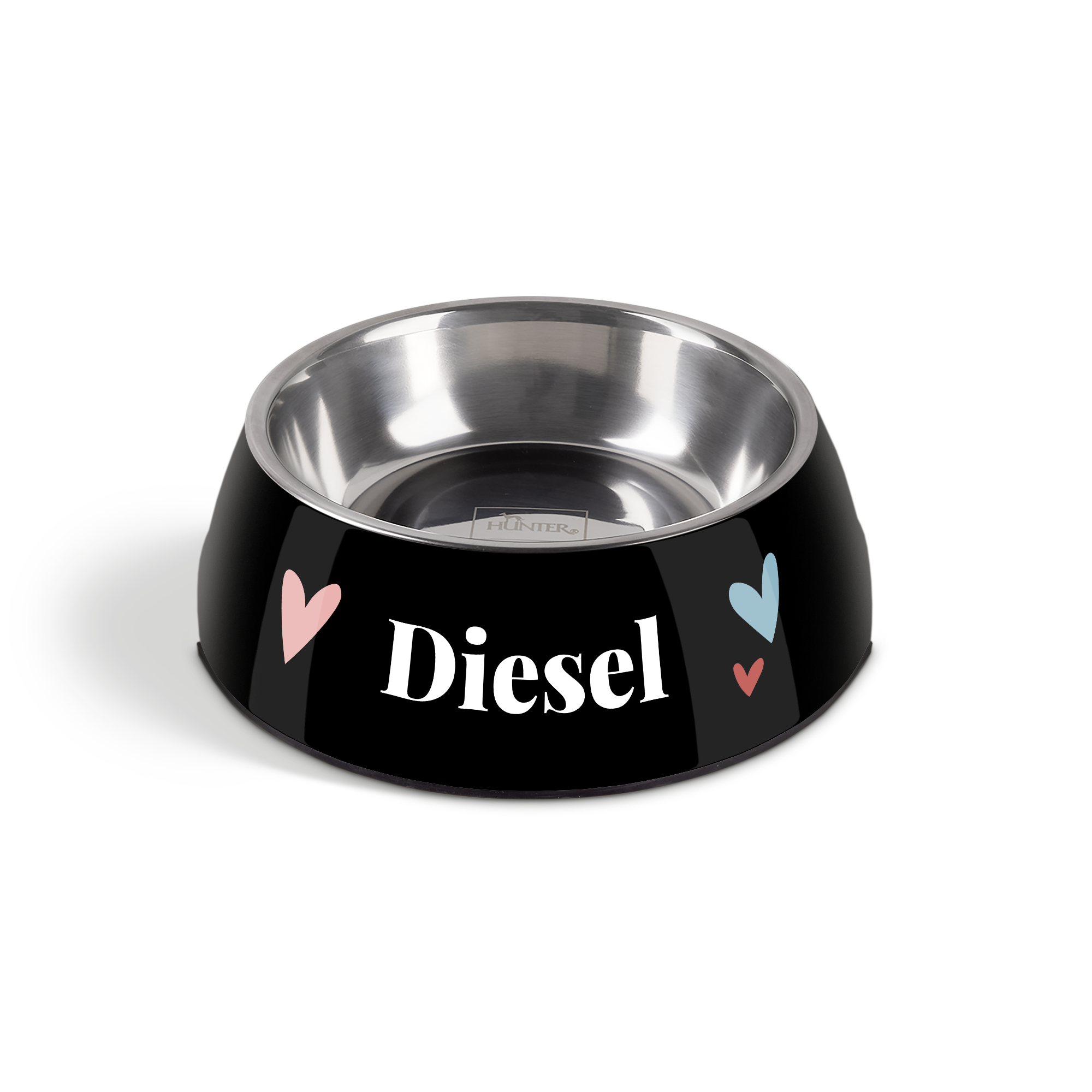Zwarte RVS voerbak gepersonaliseerd met de naam Diesel en vrolijke hartjes, perfect voor eten of water
