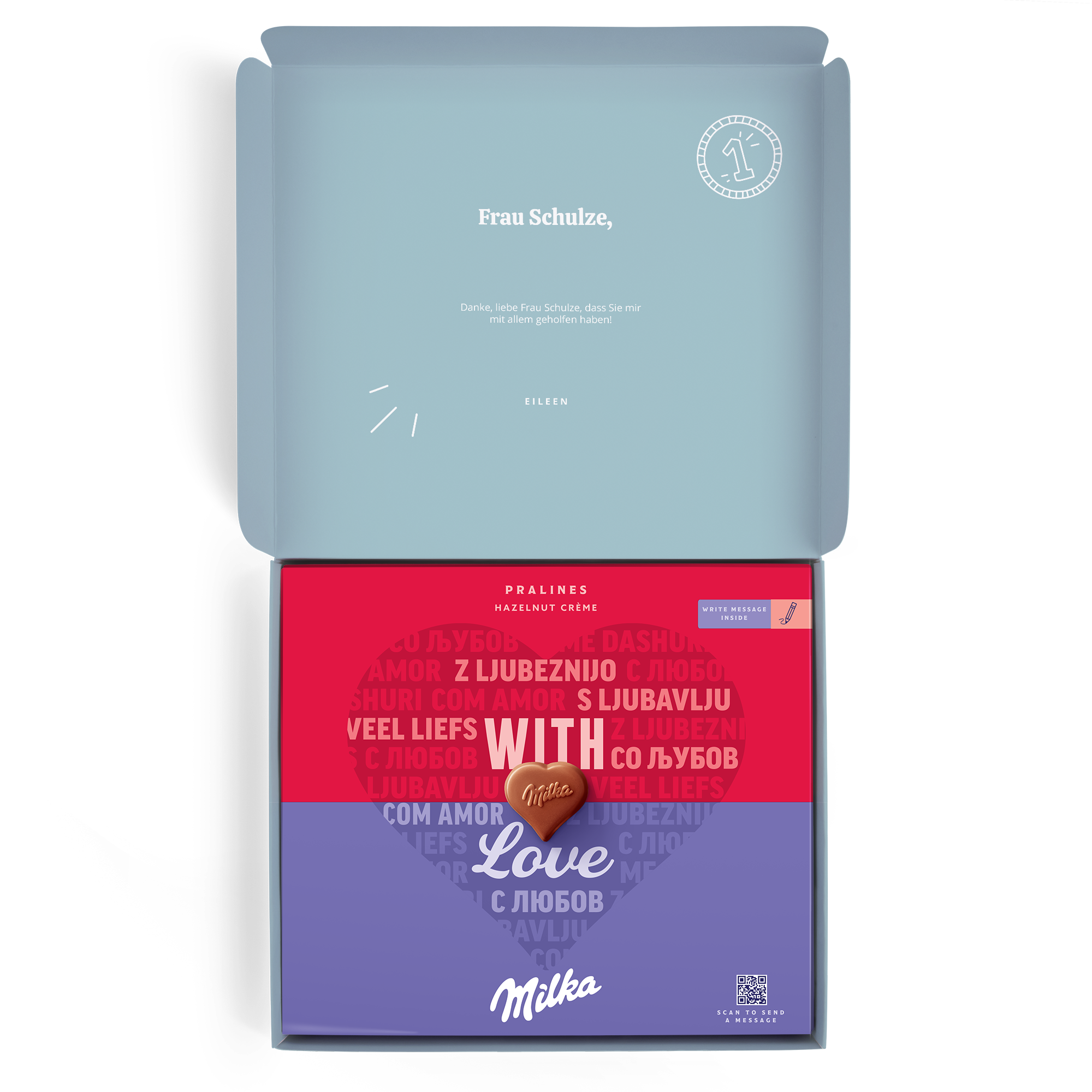 Milka-Geschenkbox für Lehrer, bedruckt mit dem Namen "Frau Schulze" und personalisierter Nachricht von "Eileen"