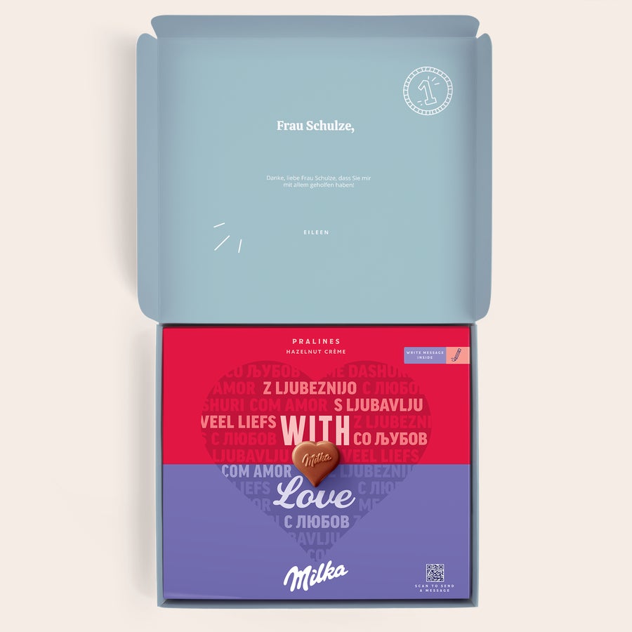 Pralinen Milka Lehrer Milka-Geschenkbox für Lehrer, bedruckt mit dem Namen "Frau Schulze" und personalisierter Nachricht von "Eileen"