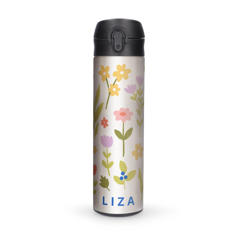 Thermos bedrukken Luxe waterfles met kleurrijke bloemenprint en de naam LIZA, jouw drankje stijlvol to go.