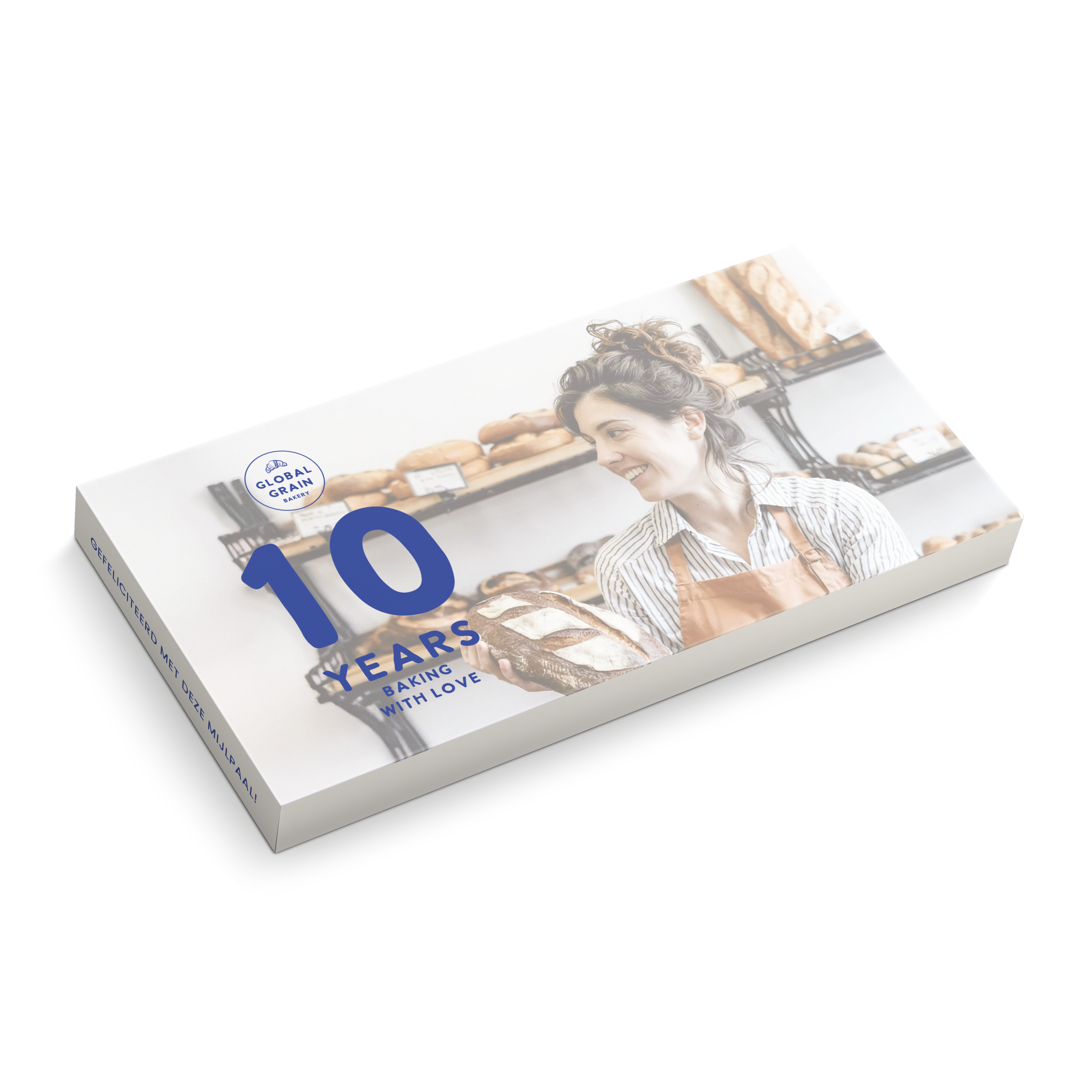 Personalised Milka chocolate - Hazelnut, custom-printed with a baker and "10 Years Baking with Love" message.