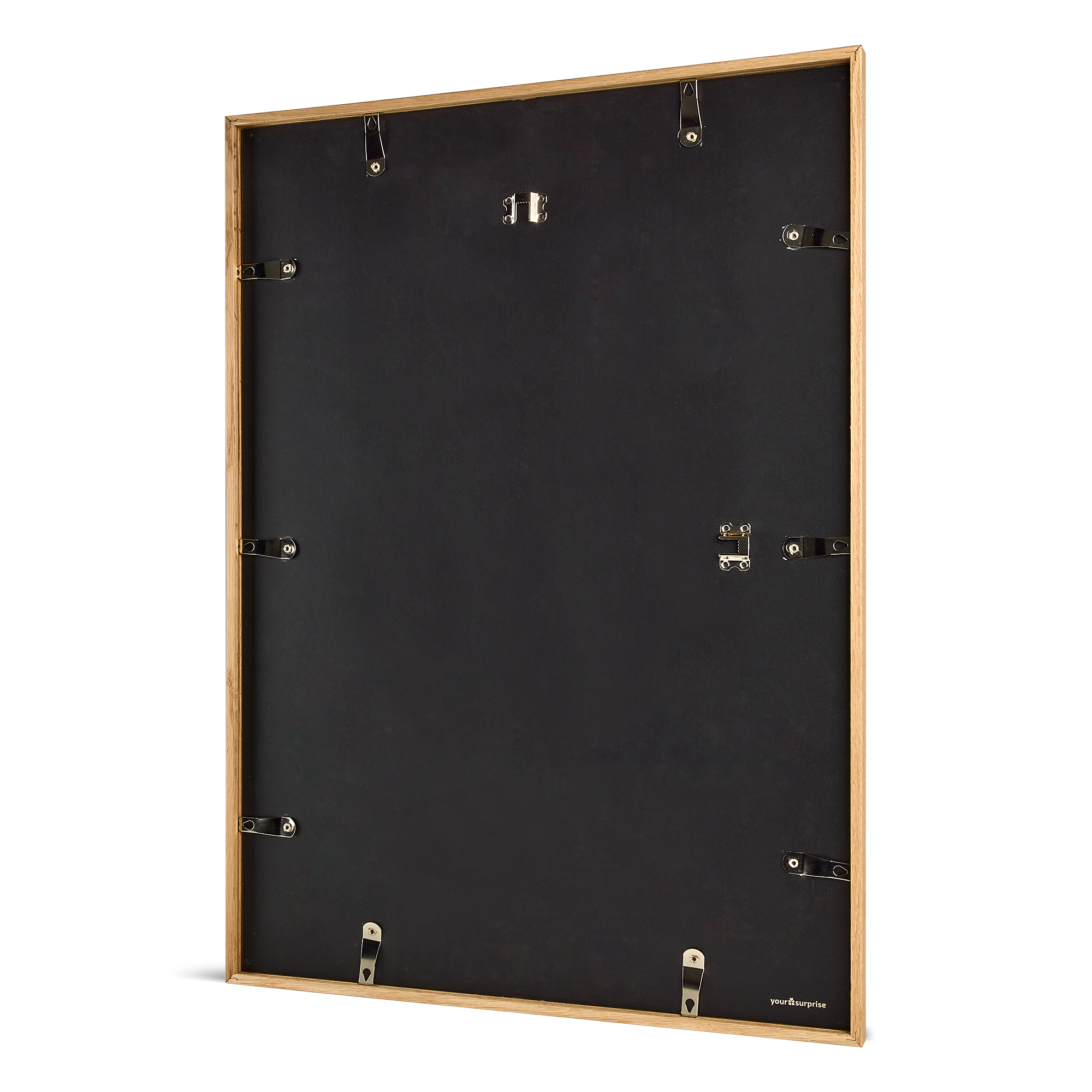 Back of a personalized photo print with a wooden frame, showing the hooks for hanging the print on your wall.