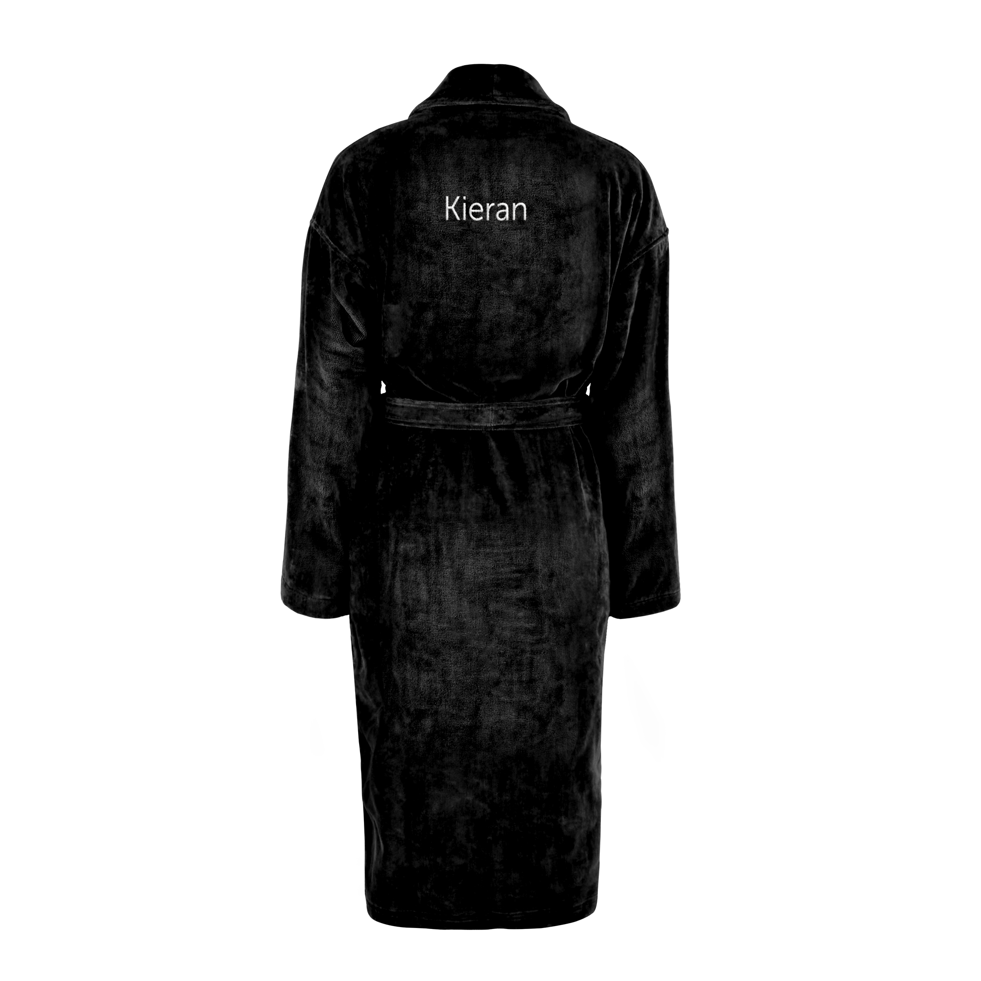 Accappatoio nero con cintura e nome Kieran ricamato sul retro, morbido e personalizzato