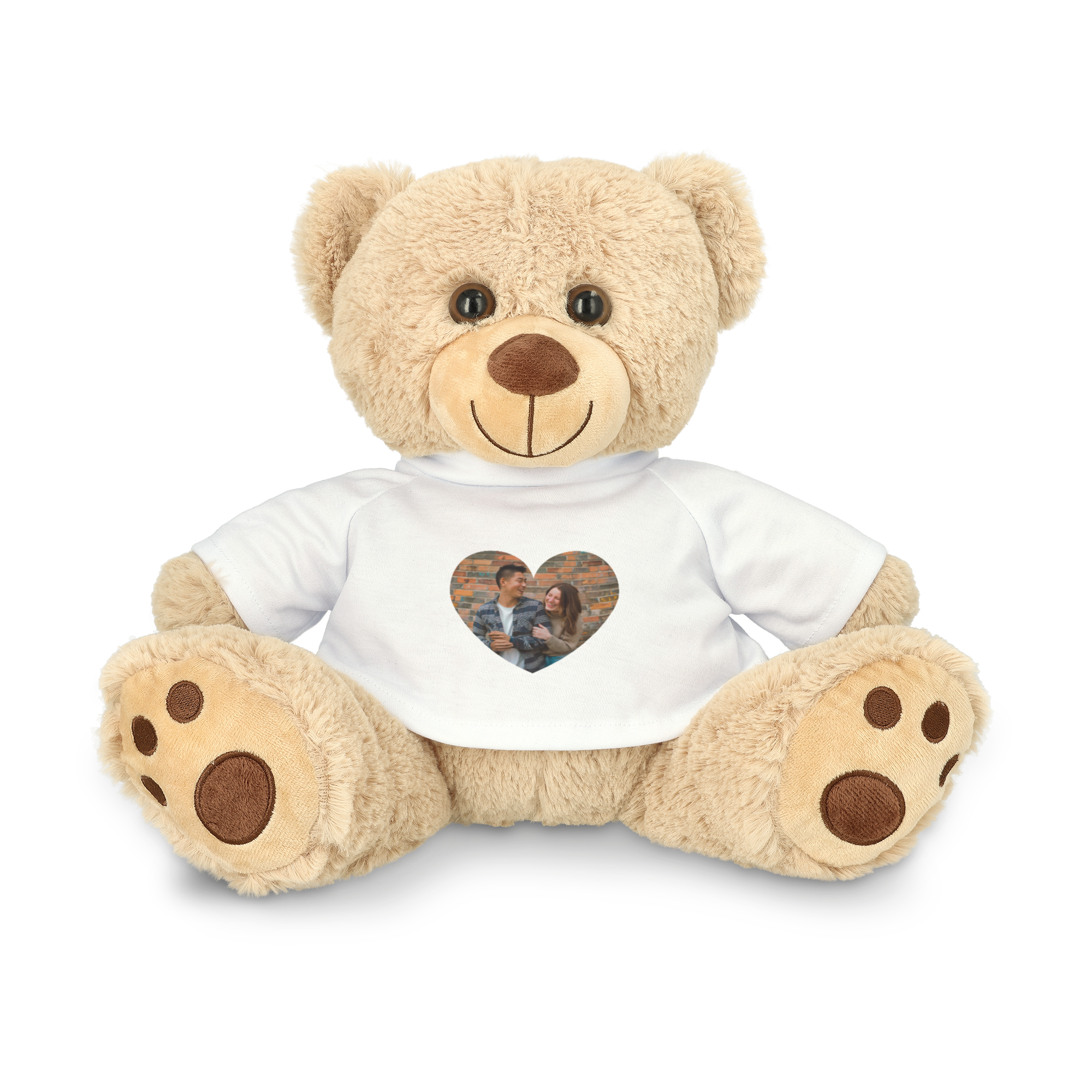 Ours en peluche personnalisé avec T-shirt blanc imprimé d'une photo de couple en forme de cœur