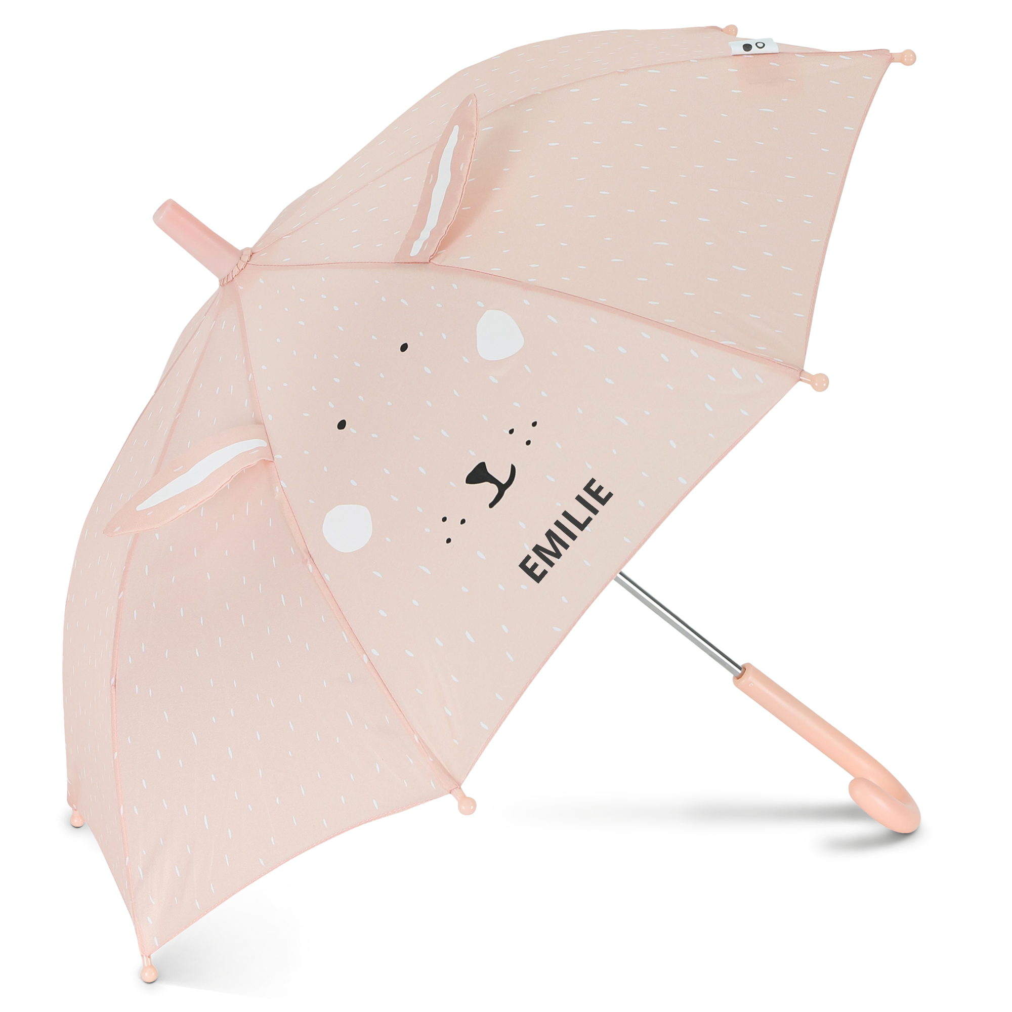 Parapluie animal rose enfant avec oreilles et motif lapin, imprimé avec le nom EMILIE