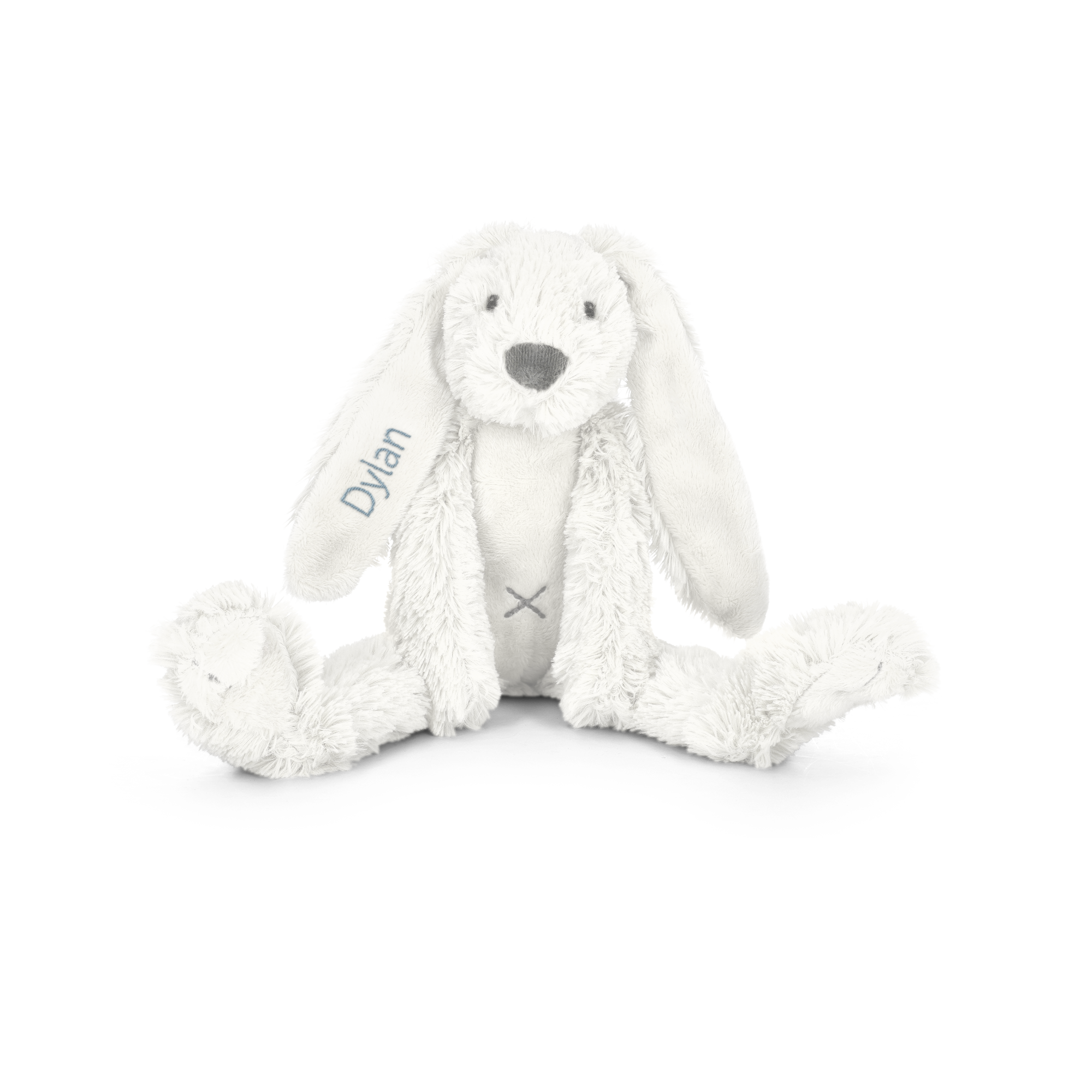 Peluche personalizado Tiny Rabbit Richie de conejo blanco sentado con el nombre Dylan bordado en la oreja izquierda.