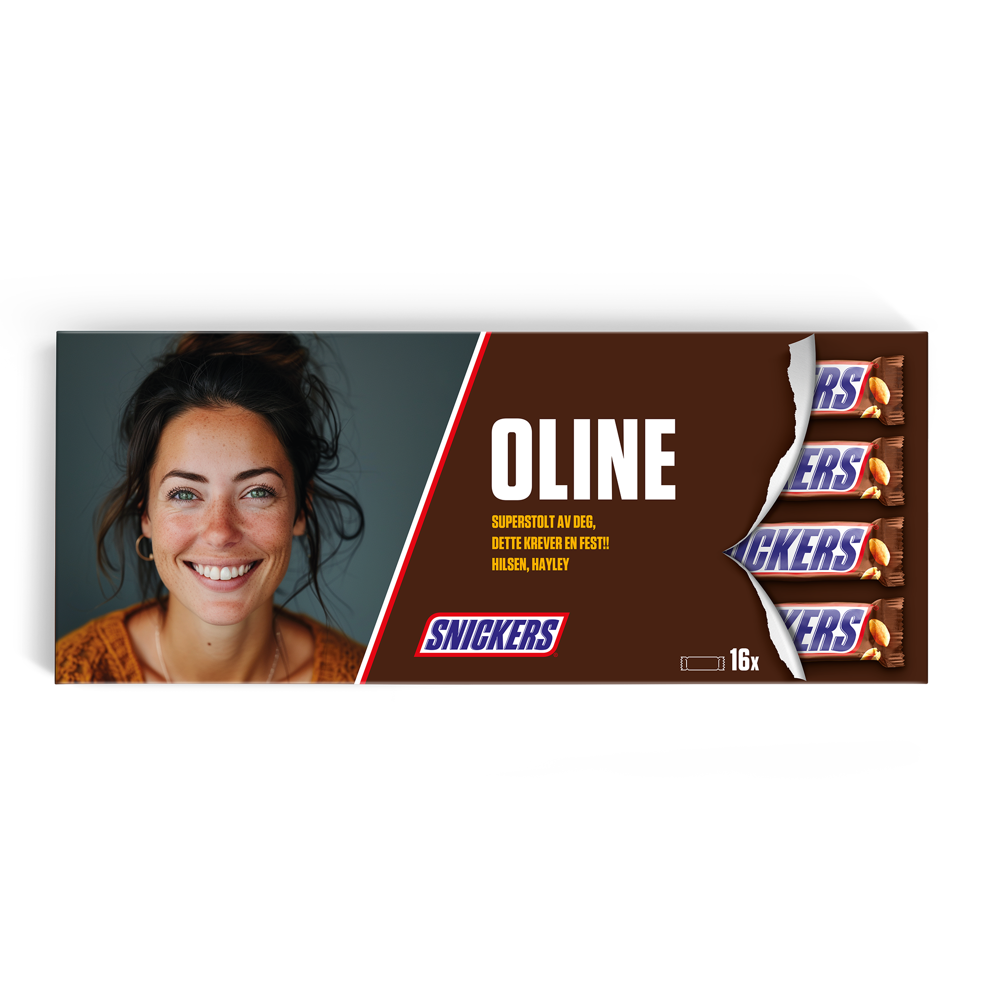 Personlig XXL Snickers-sjokolade med bilde av kvinne, navnet "OLINE" og meldingen trykt på emballasjen.