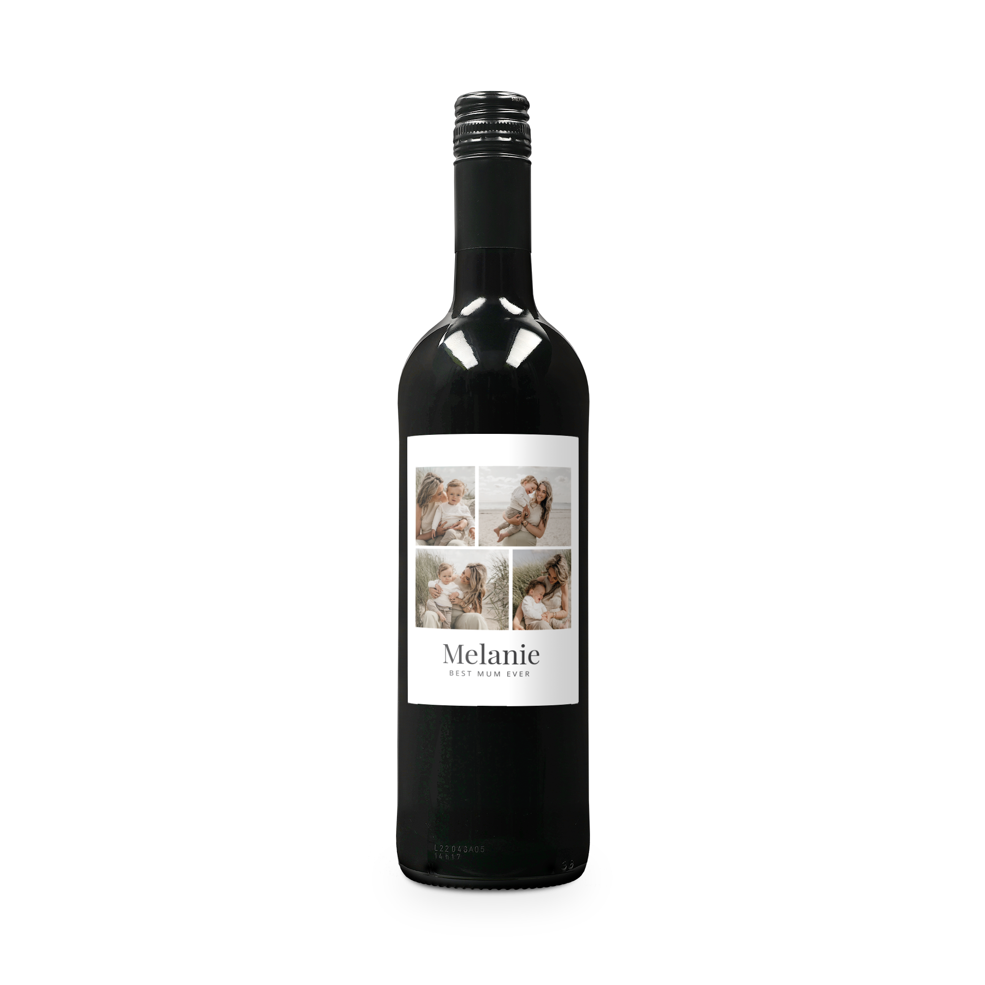 Bottle of Belvy red wine with a printed personalized label featuring four photos and the text Melanie Best Mum Ever, for who will you surprise with a bottle of Belvy red wine with a printed label