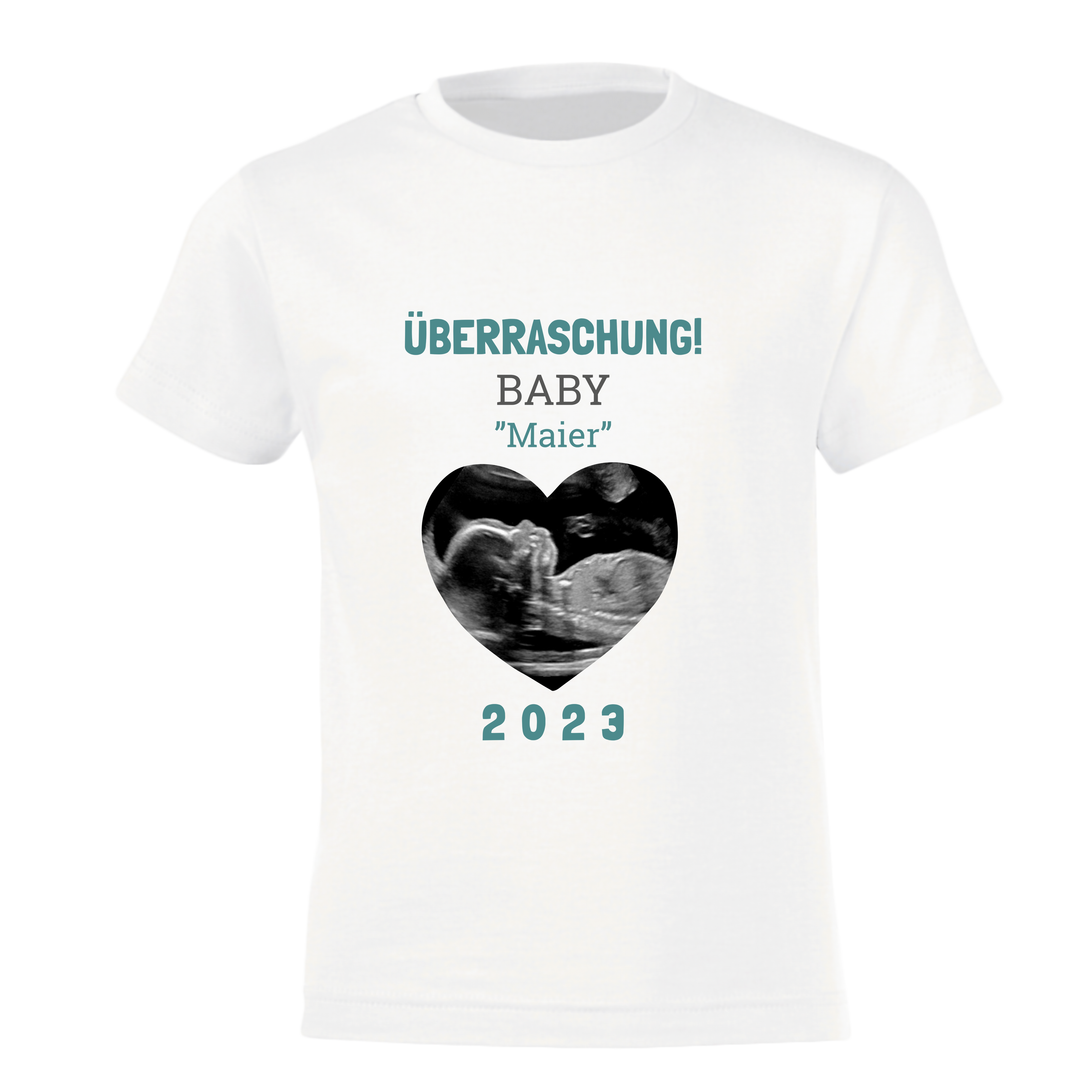 Weißes T-Shirt für Schwangerschaftsverkündung, bedruckt mit Ultraschallbild, Name Maier und Jahreszahl 2023