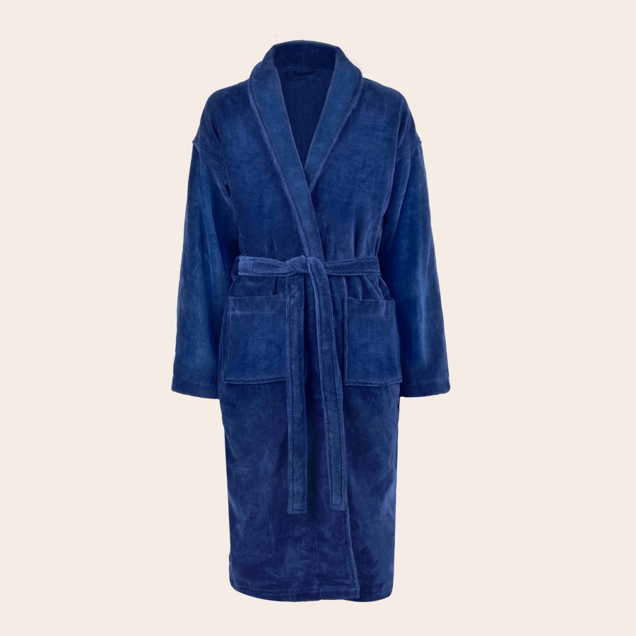 Peignoir Personnalisé Femme Peignoir personnalisé bleu marine en coton avec ceinture, brodé avec un nom au choix