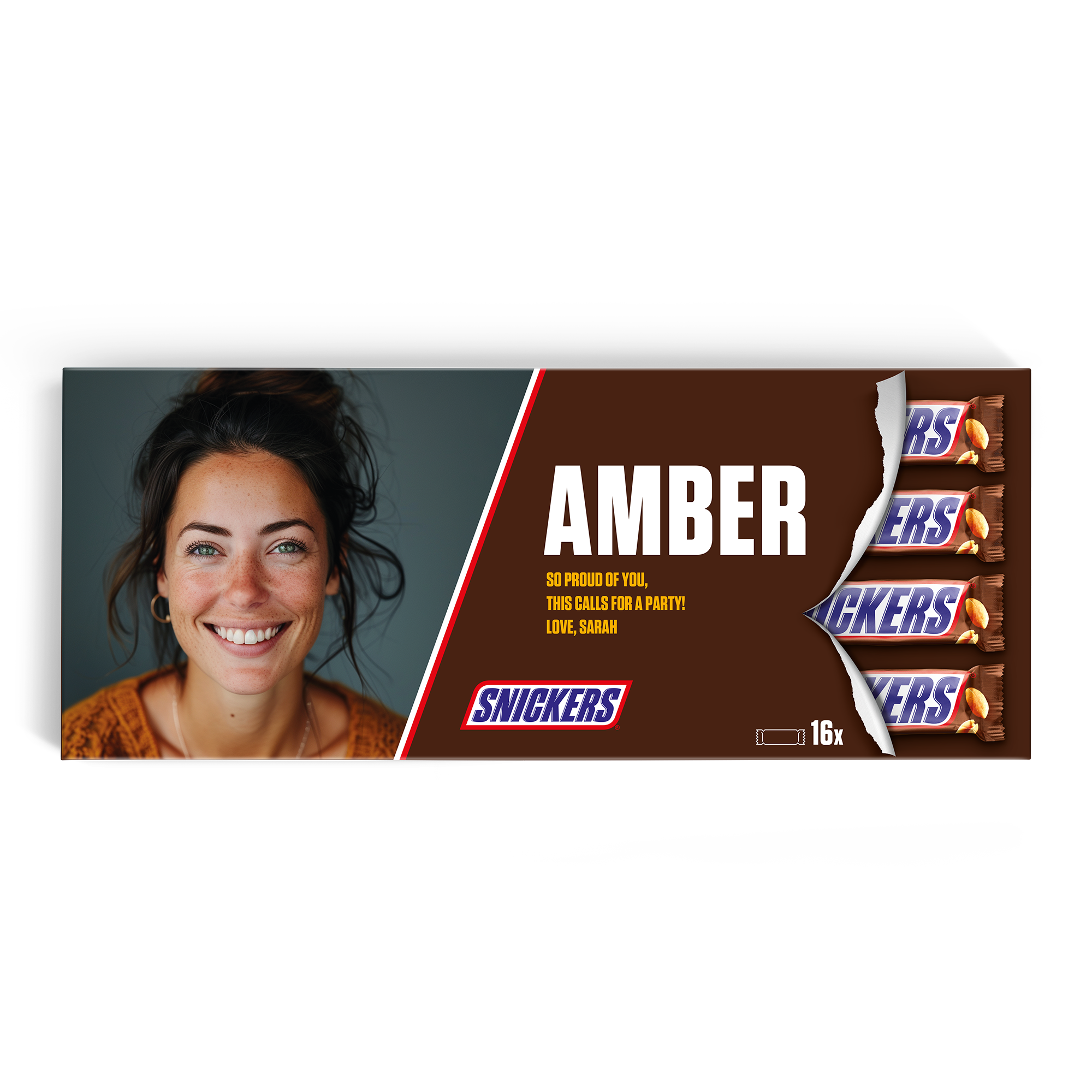 Personalizirana čokoladica XXL Snickers z natisnjeno fotografijo, imenom Amber in sporočilom