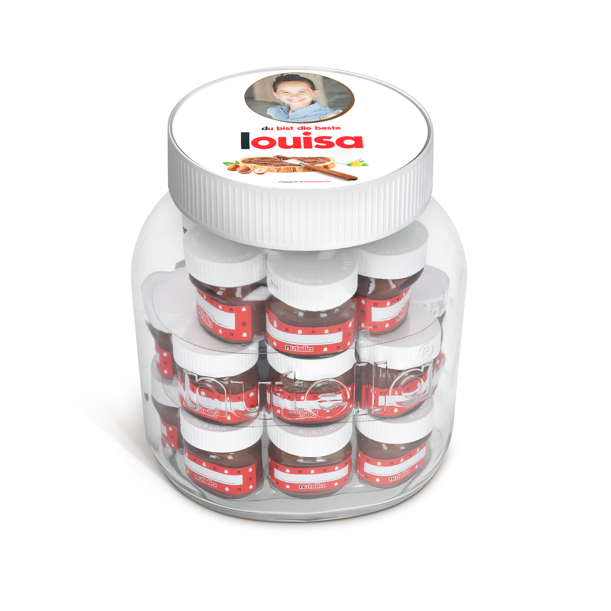 Personalisiertes nutella® Glas XL mit Namen Louisa und Foto eines lachenden Kindes auf dem Deckel.