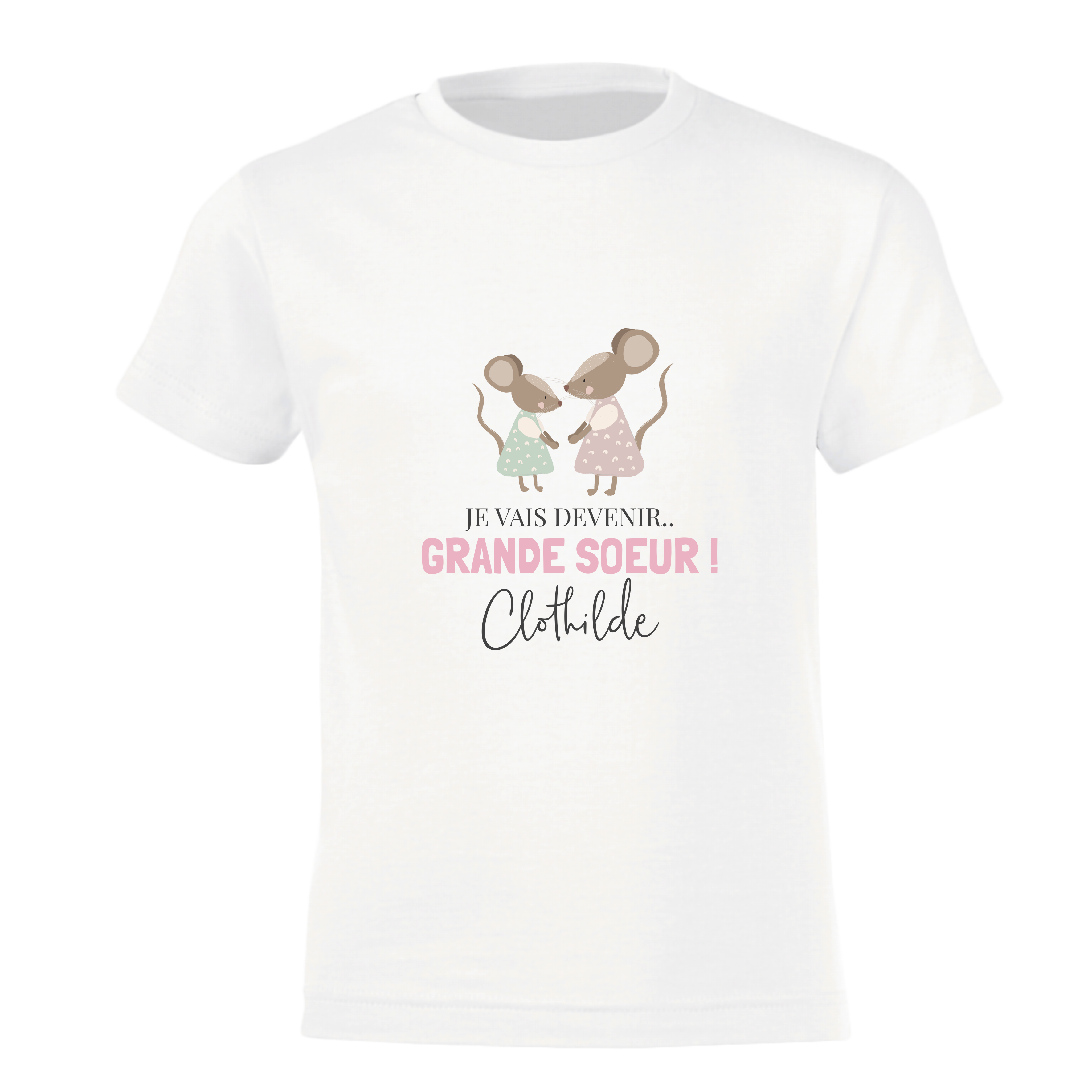 T-shirt blanc personnalisé Je vais devenir grande soeur Clothilde, imprimé avec deux souris.