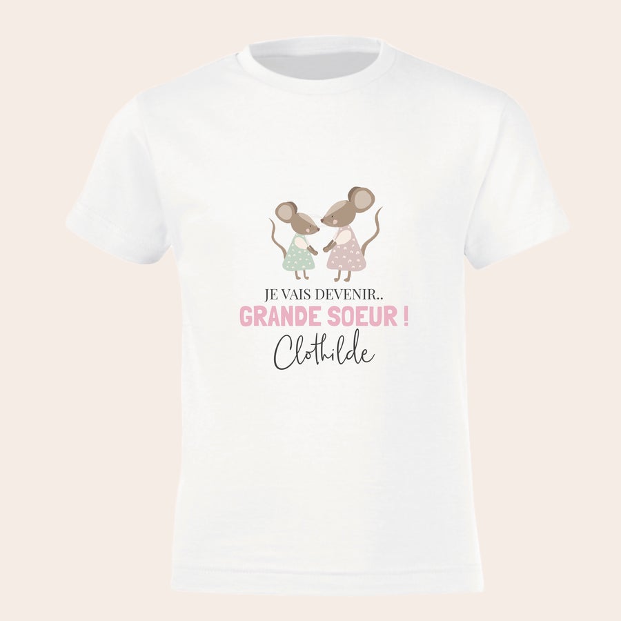 T - shirt annonce grossesse personnalisé - Grand frère / Grande soeur T-shirt blanc personnalisé Je vais devenir grande soeur Clothilde, imprimé avec deux souris.