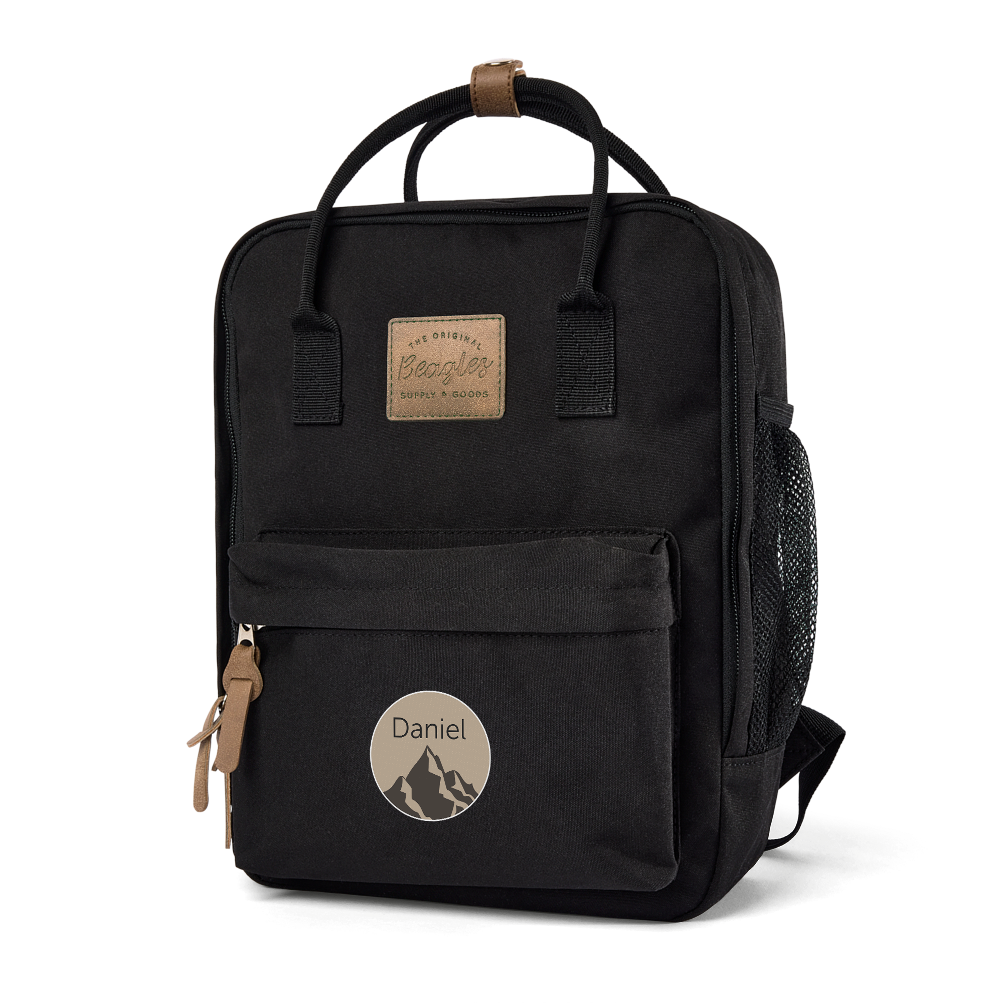 Black personalised backpack with a printed mountain design and the name Daniel