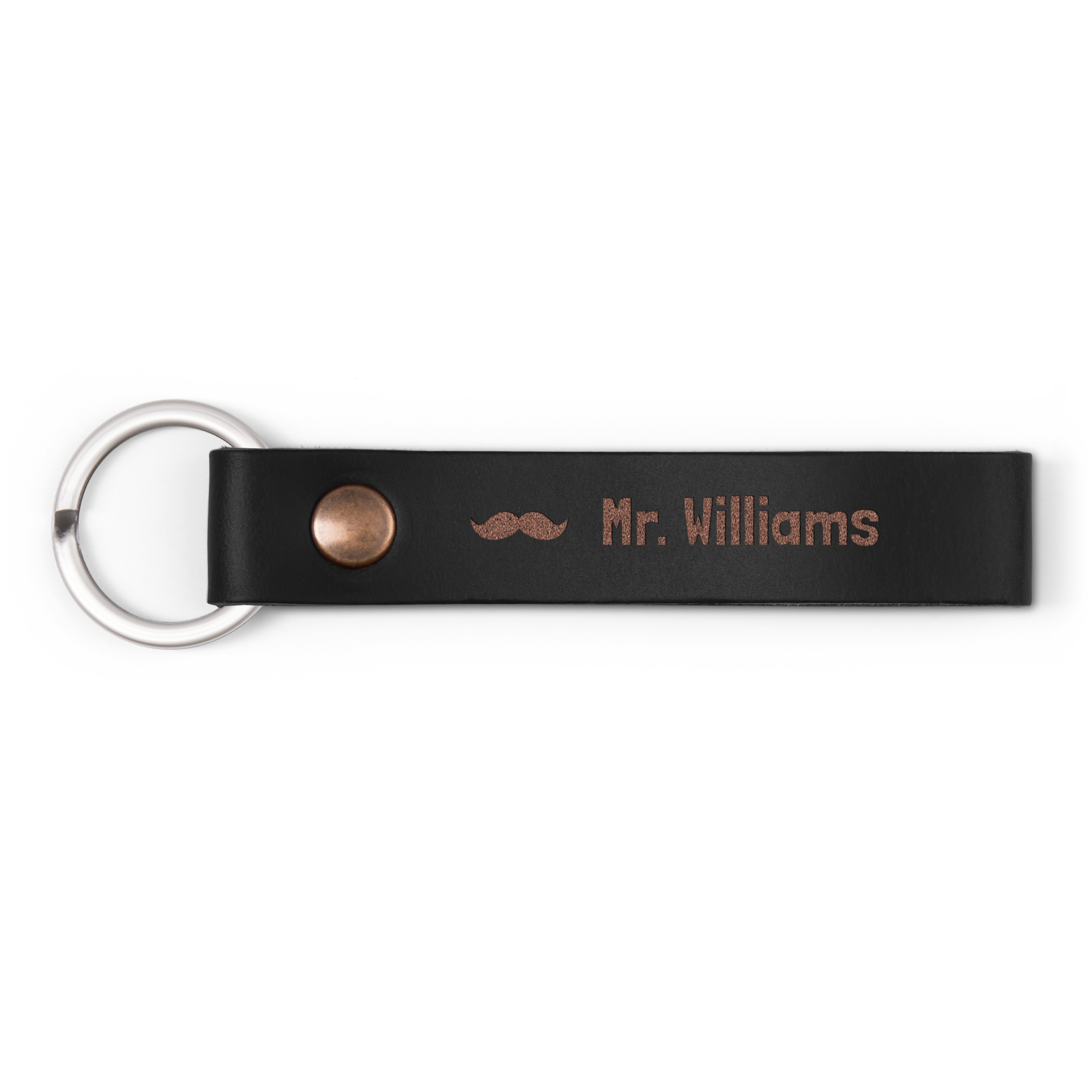 Personalized black leather keyring engraved with a mustache icon and the name Mr Williams