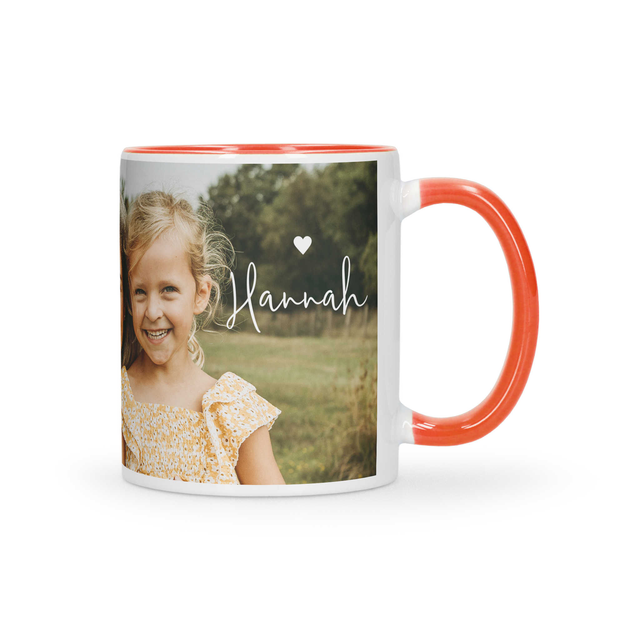 Personalized white and orange mug with a child's photo and printed name Hannah to give a coloured mug as a gift