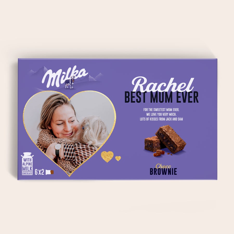 Milka Brownies Caixa de presente Milka Choco Brownie personalizada, com foto impressa em forma de coração, nome Rachel e brownies