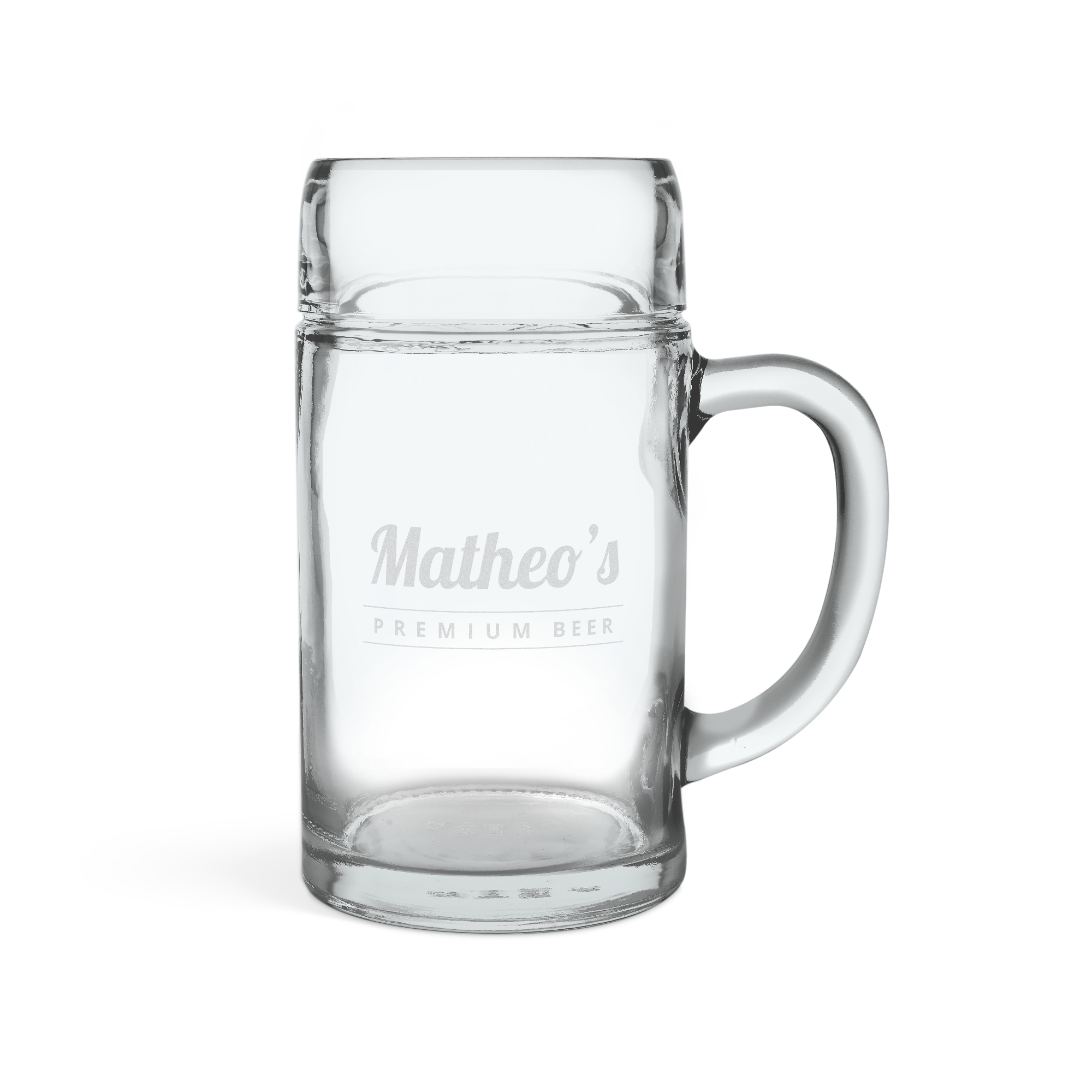 Caneca de cerveja de 1L transparente com "Matheo's Premium Beer" gravado, um copo de cerveja personalizado.