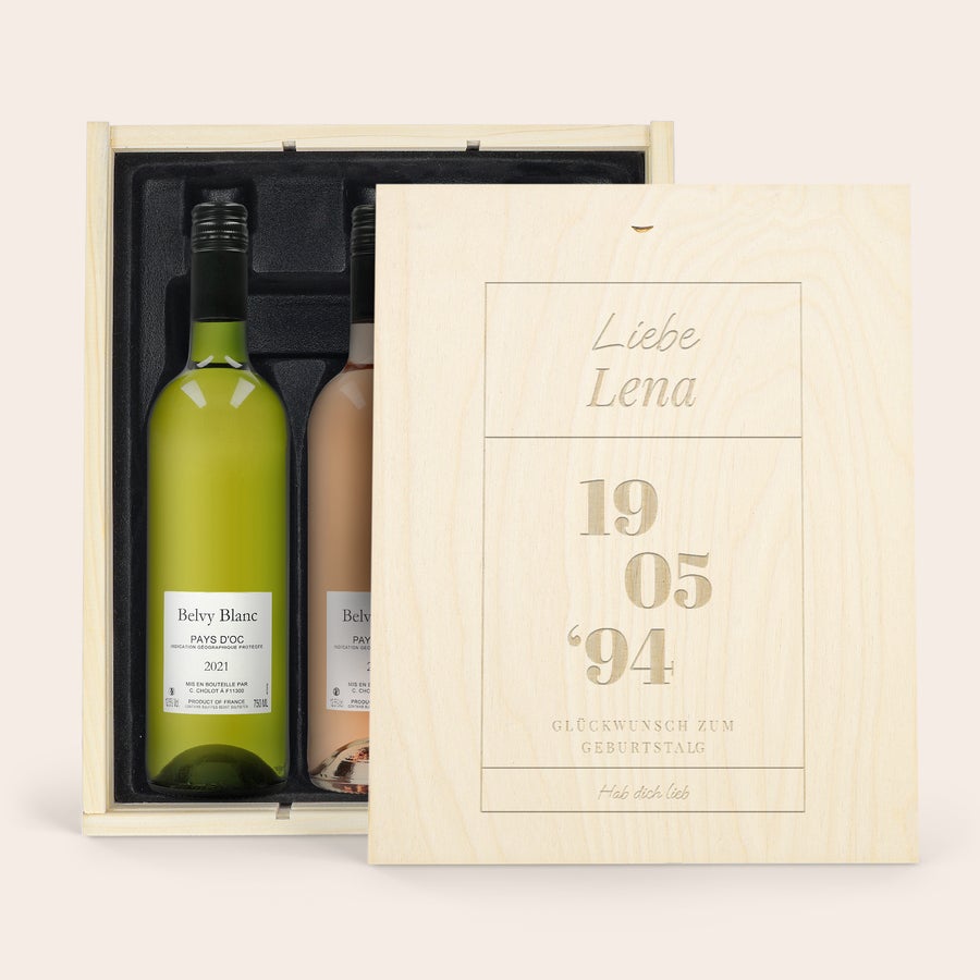 Belvy Rot & Weiß & Rosé - Wein Geschenkset Holzkiste Wein Geschenkset Belvy in Holzkiste, graviert mit Liebe Lena, Geburtsdatum 19.05.94 und Glückwünsch zum Geburtstag.