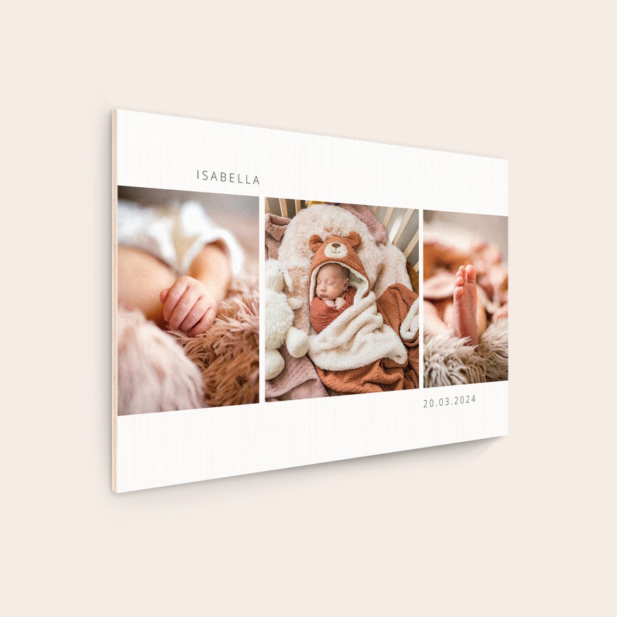 Foto på trä Personligt foto på trä med tre babybilder och texten ISABELLA samt datumet 20.03.2024, tryckt på träpanel.