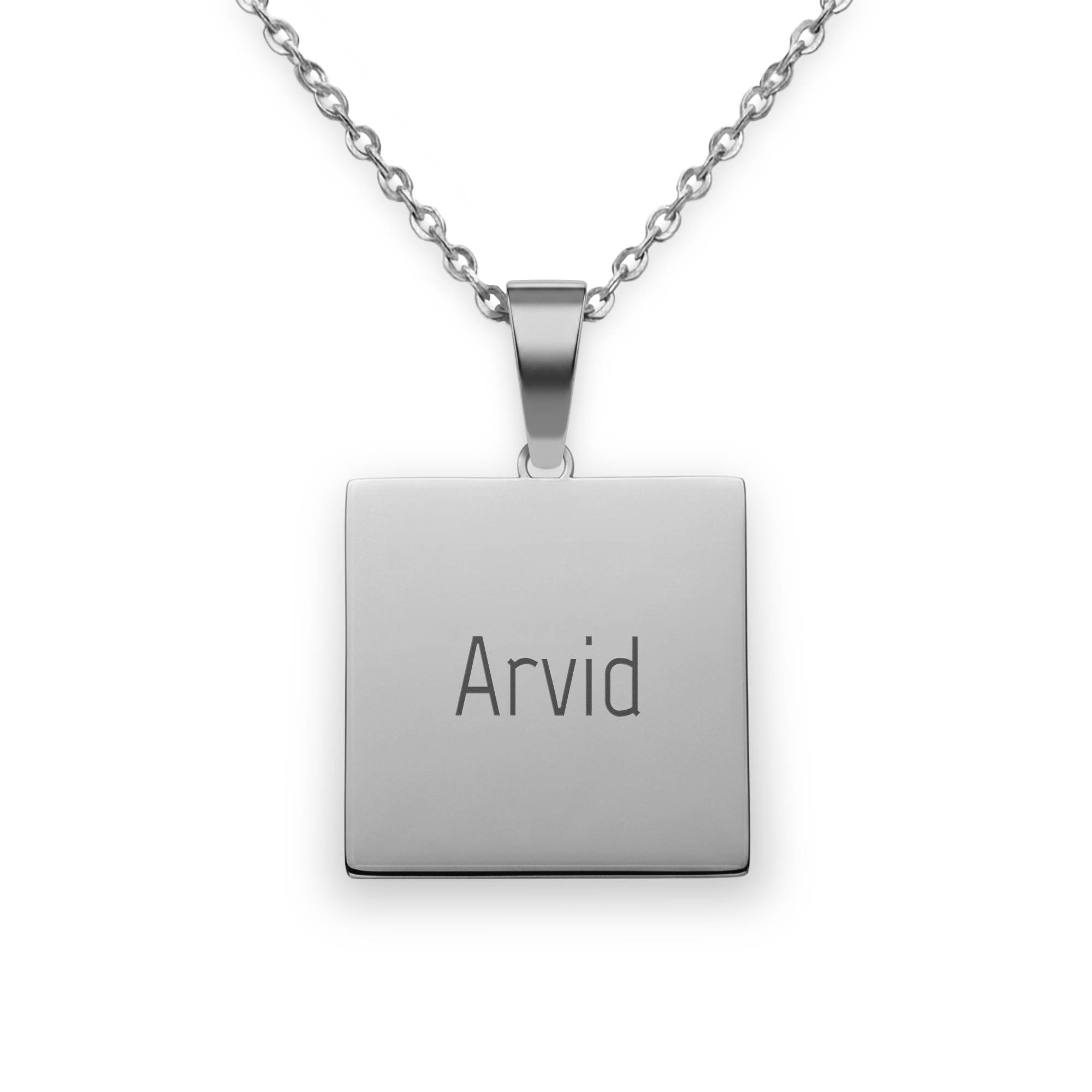 Halsband fyrkantigt hänge med text - Silver, graverat med namnet Arvid. Personligt silverhalsband med anpassningsbar gravyr.