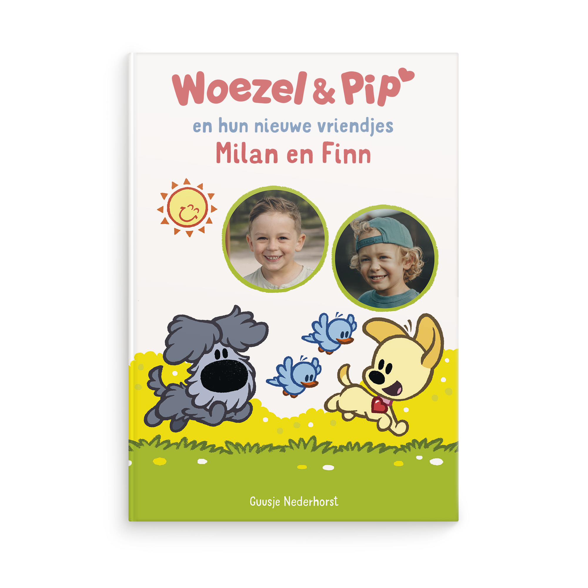 Boek met naam en foto Woezel & Pip Vriendjes XL boek (Hardcover), met gepersonaliseerde namen Milan en Finn en fotos van kinderen op de voorkant.