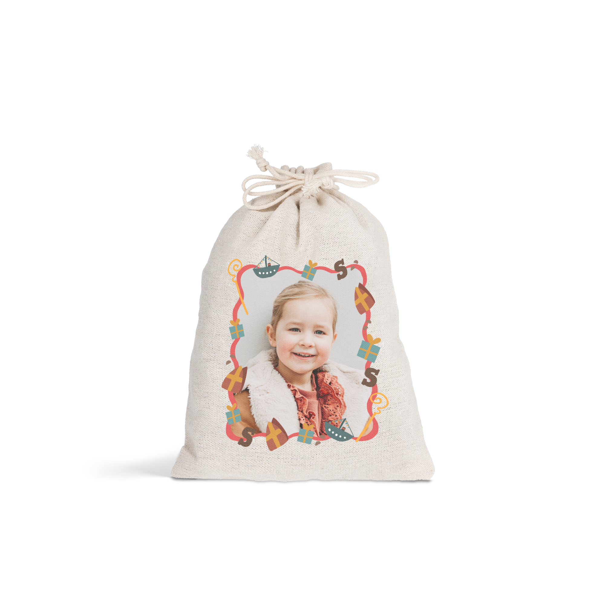 Gepersonaliseerd Sinterklaas katoenen zakje met foto van een lachend meisje en Sint-decoraties, bedrukt.