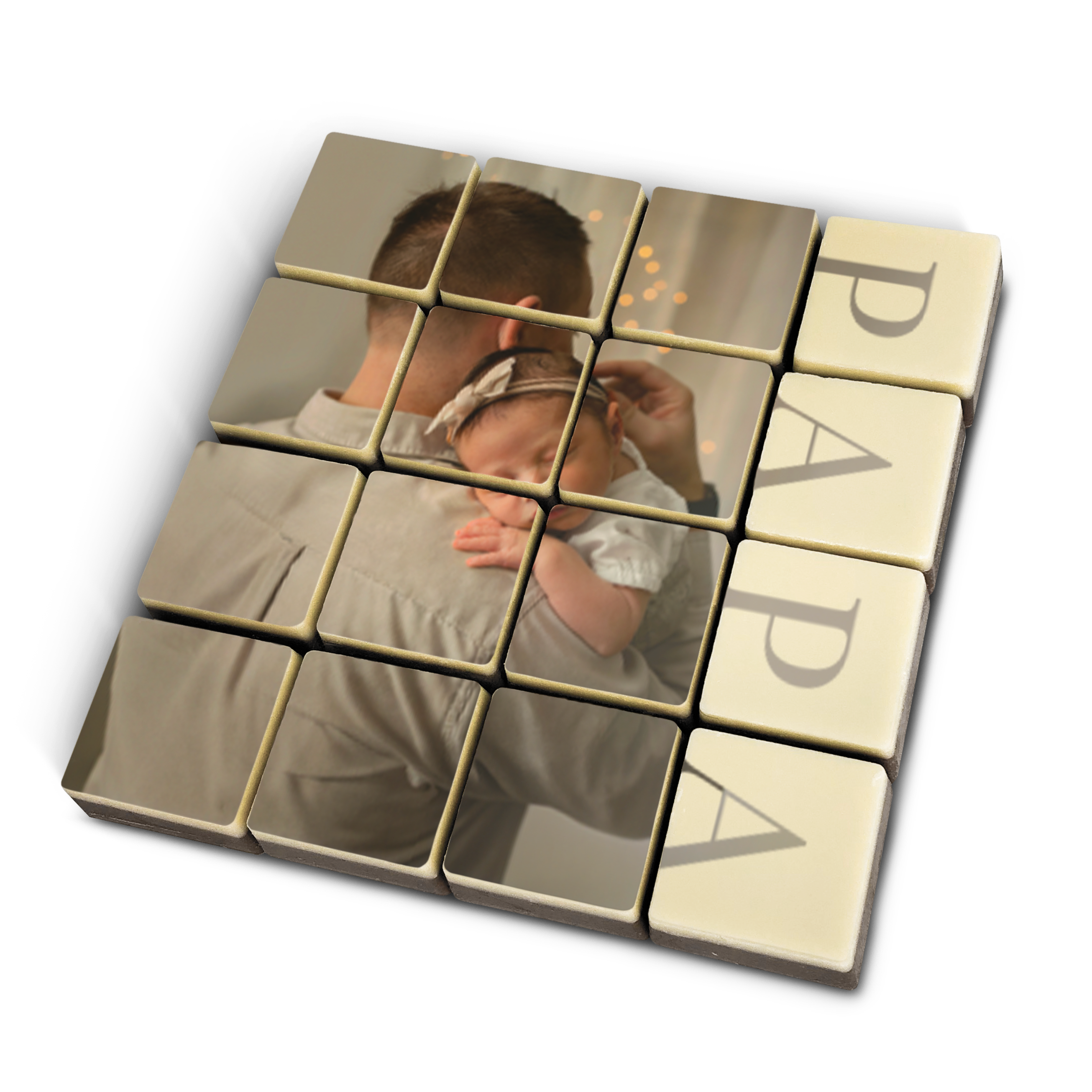 Sada čokolád s fotografiou otca držiaceho dieťa a textom PAPA, lahodné prekvapenie!