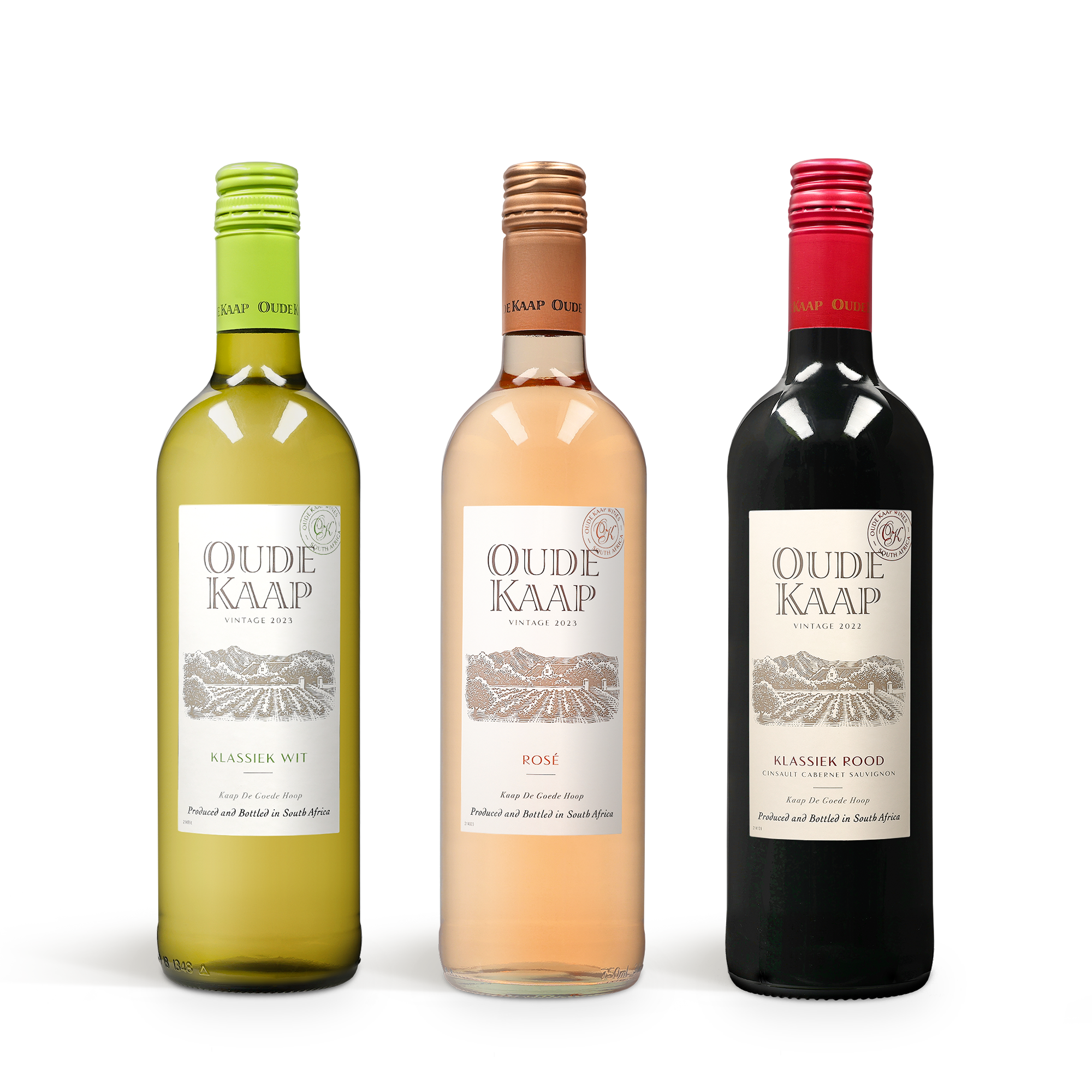 Tre bottiglie di vino Oude Kaap, bianco, rosé e rosso, ideali per personalizza la tua confezione di vino regalo