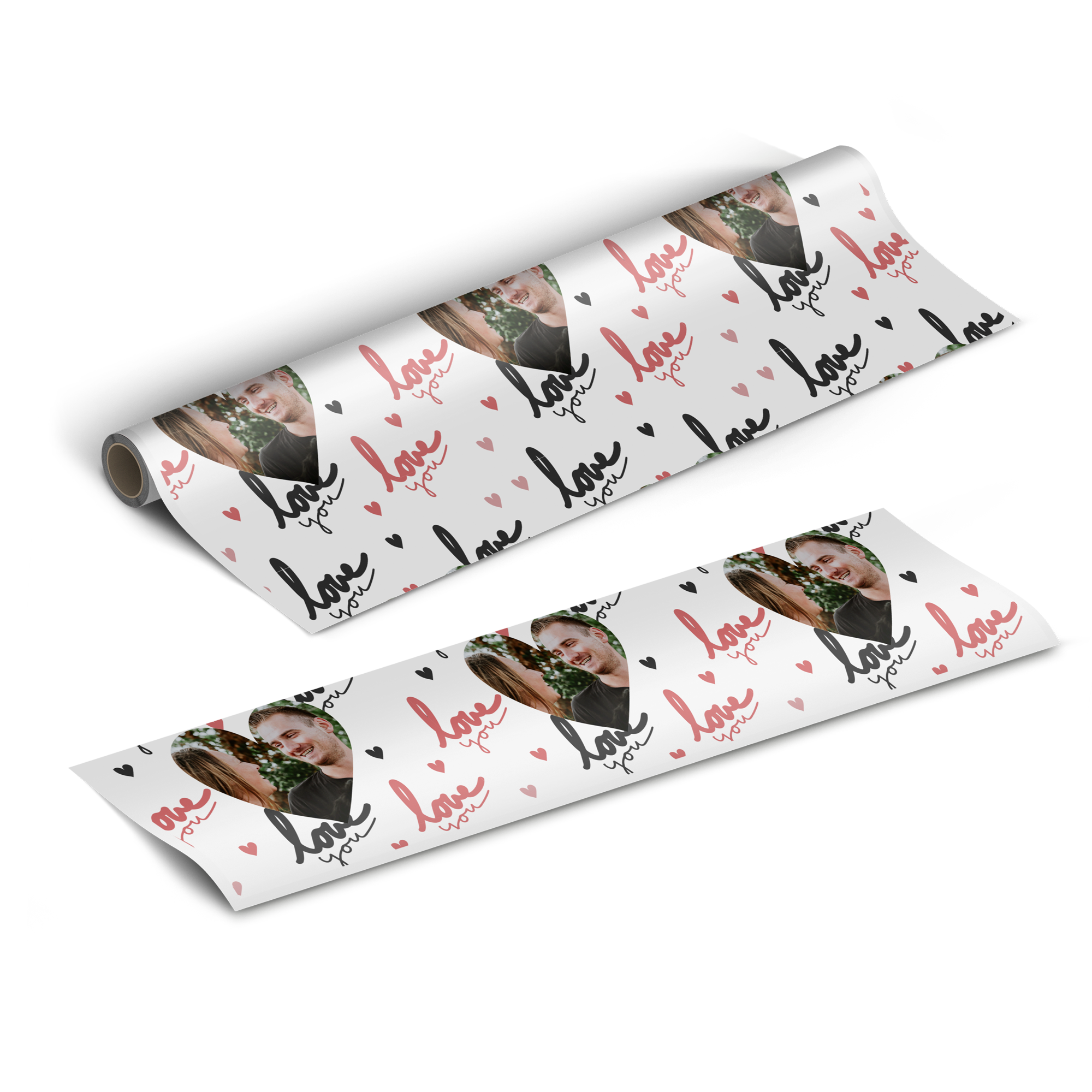 Personalised wrapping paper printed with a photo of a couple inside heart shapes and "Love you" text