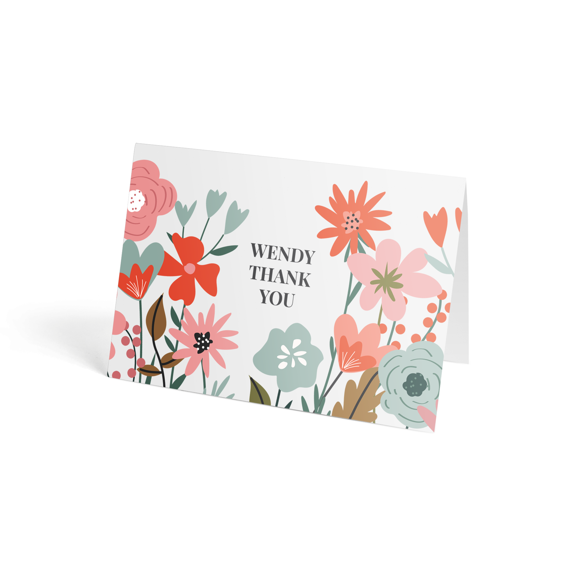 Wenskaart met een gepersonaliseerde tekst Wendy Thank You en bloemenprint, passend bij brievenbusbloemen.