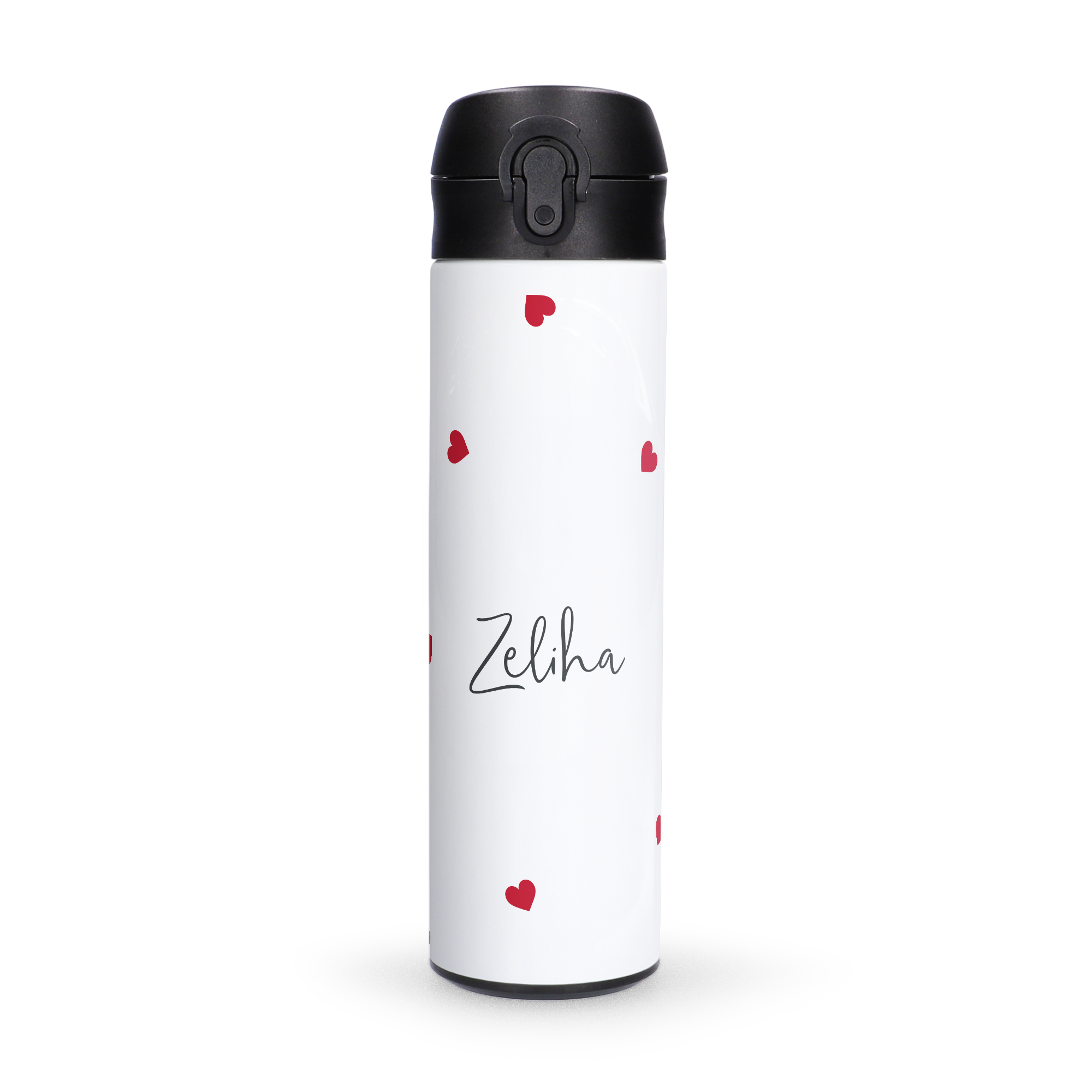 White personalized water bottle with black lid and red hearts printed on it, featuring the name Zeliha