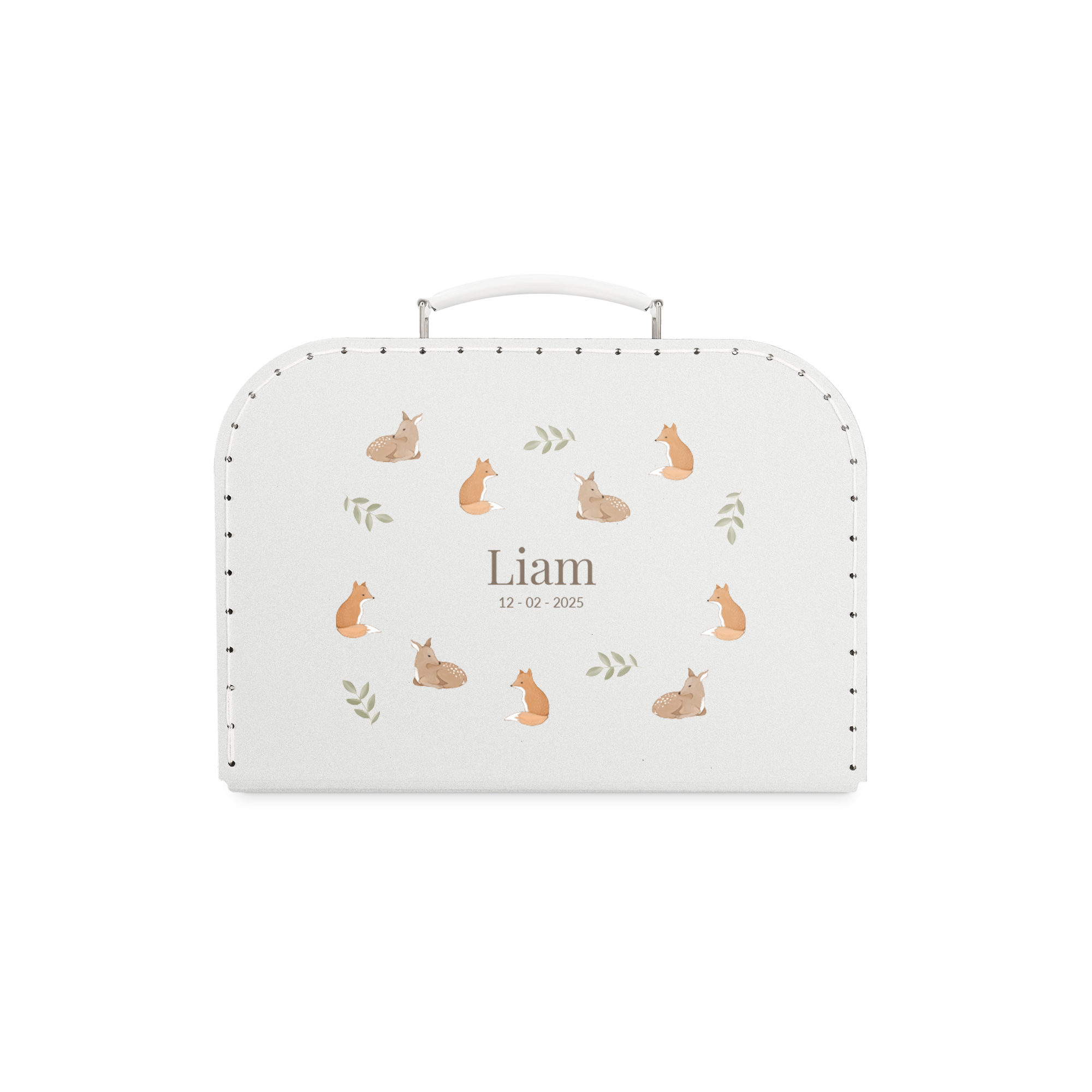 Gepersonaliseerde grijze kinderkoffer bedrukken met naam Liam en datum 12-02-2025 met bosdieren design.