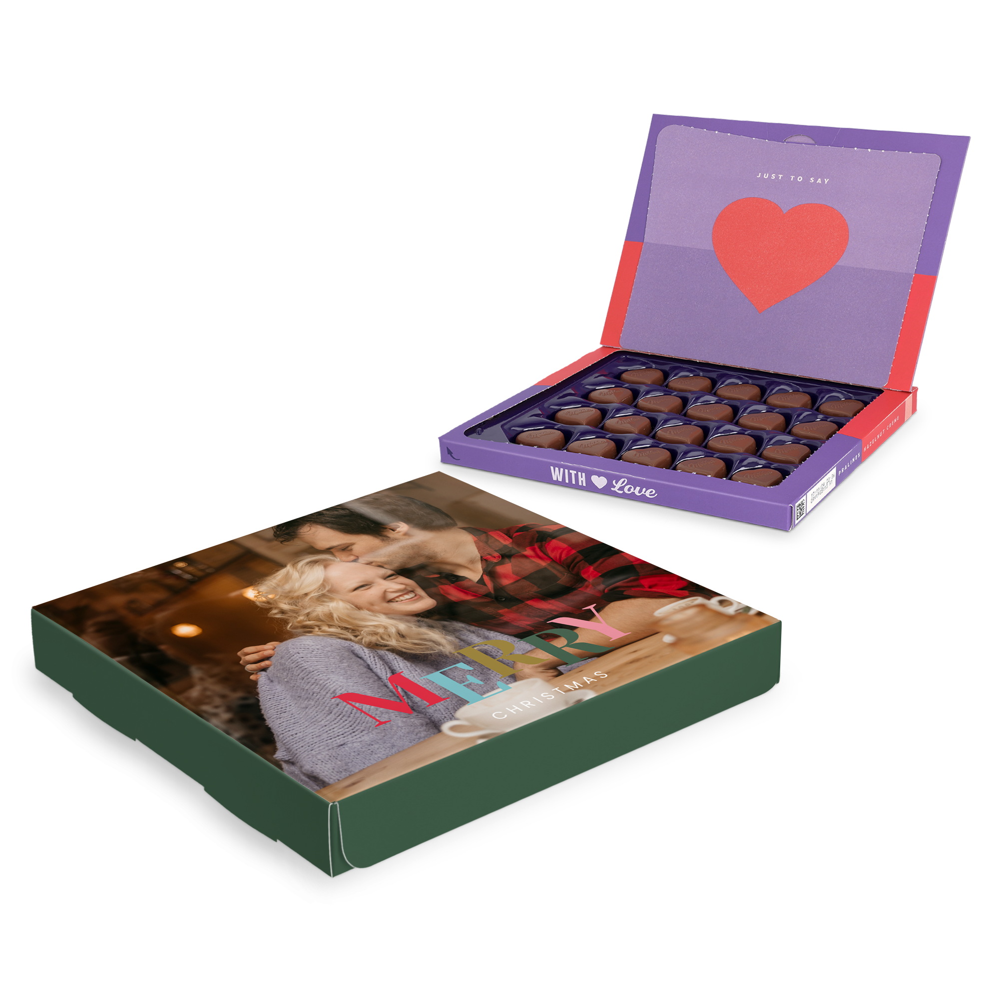 Coffret cadeau Milka personnalisé pour Noël avec photo imprimée du couple et message Merry Christmas