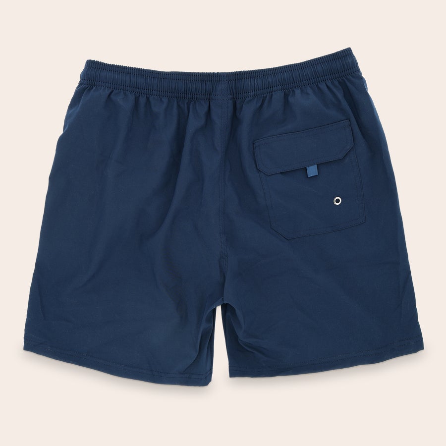 Șorturi de baie personalizate Pantaloni scurți de baie albaștri, cu talie elastică și buzunar la spate, personalizabili prin broderie pentru el.