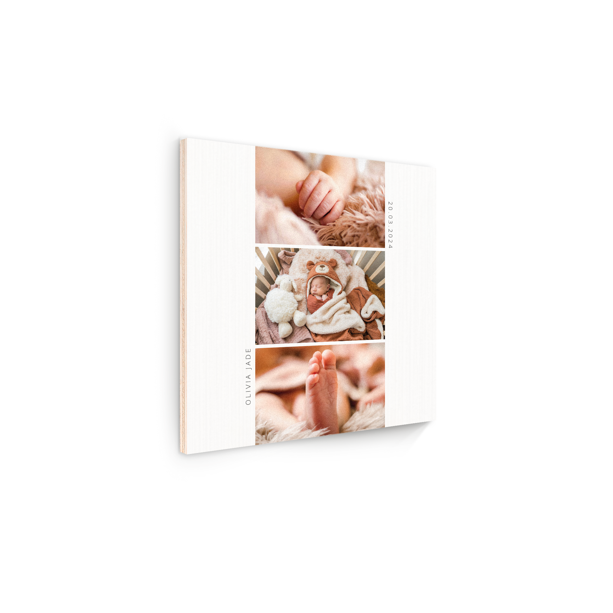 Gepersonaliseerd houten fotopaneel met 3 foto's van baby Olivia Jade en datum 20-03-2024, afdruk op hout