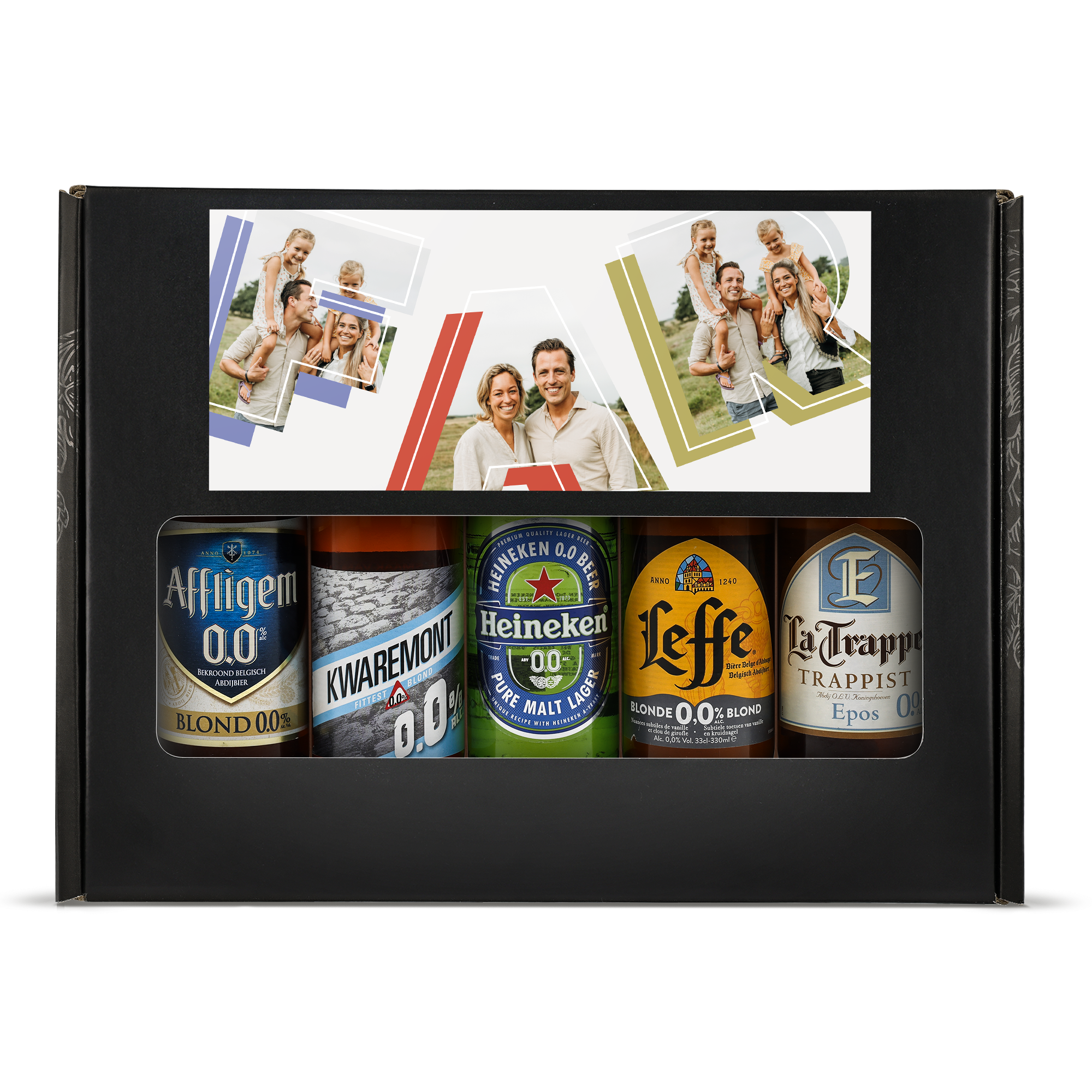 Personligt ølgavesæt - Alkoholfri med foto-printet låg og udvalg af alkoholfrie øl.
