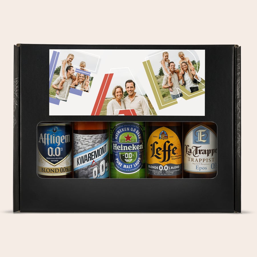 Øl gaveæske med billede - Belgisk øl Personligt ølgavesæt - Alkoholfri med foto-printet låg og udvalg af alkoholfrie øl.