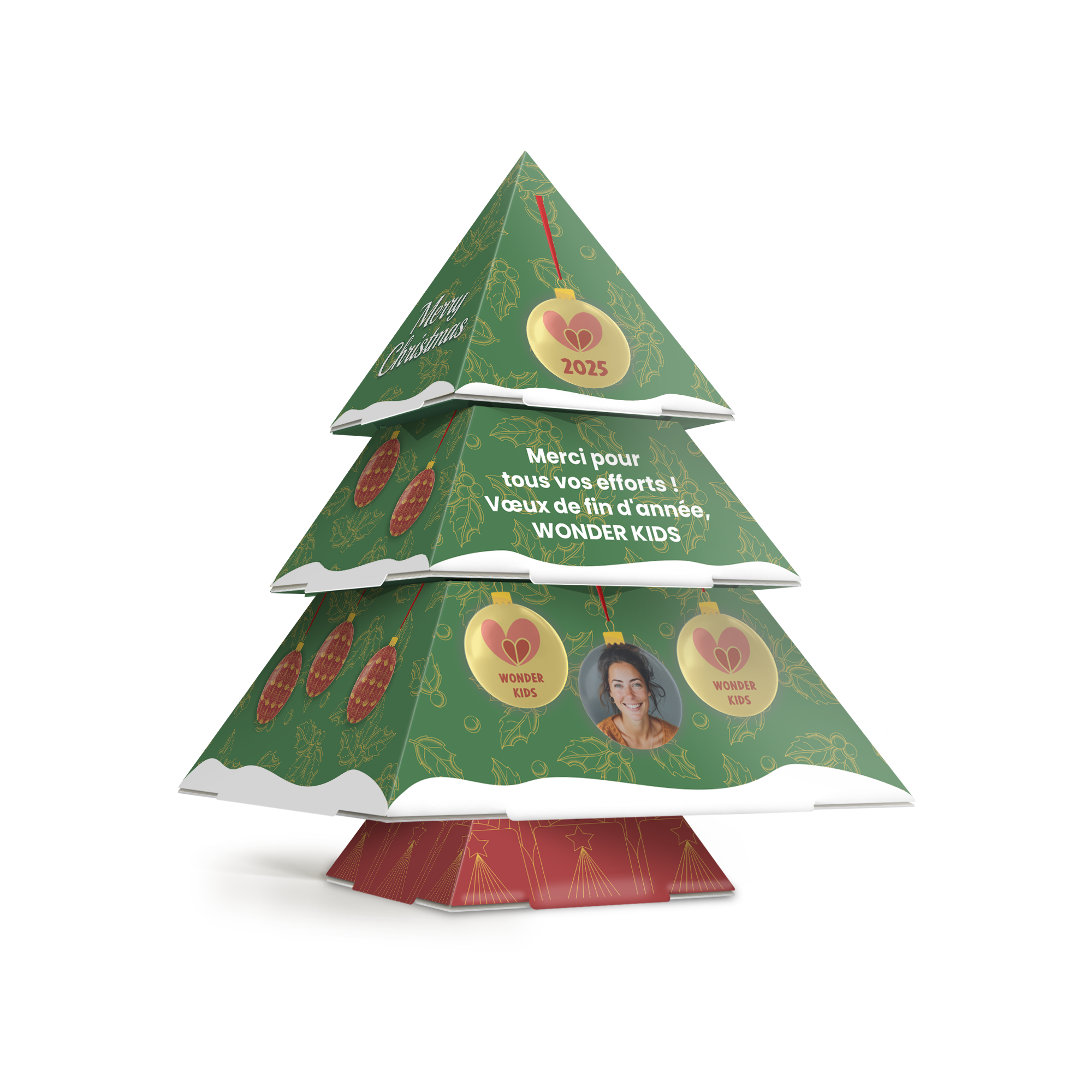 Sapin de Noël en papier DIY imprimé avec message personnalisé et photo, une touche personnelle pour illuminer les fêtes de fin d'année.