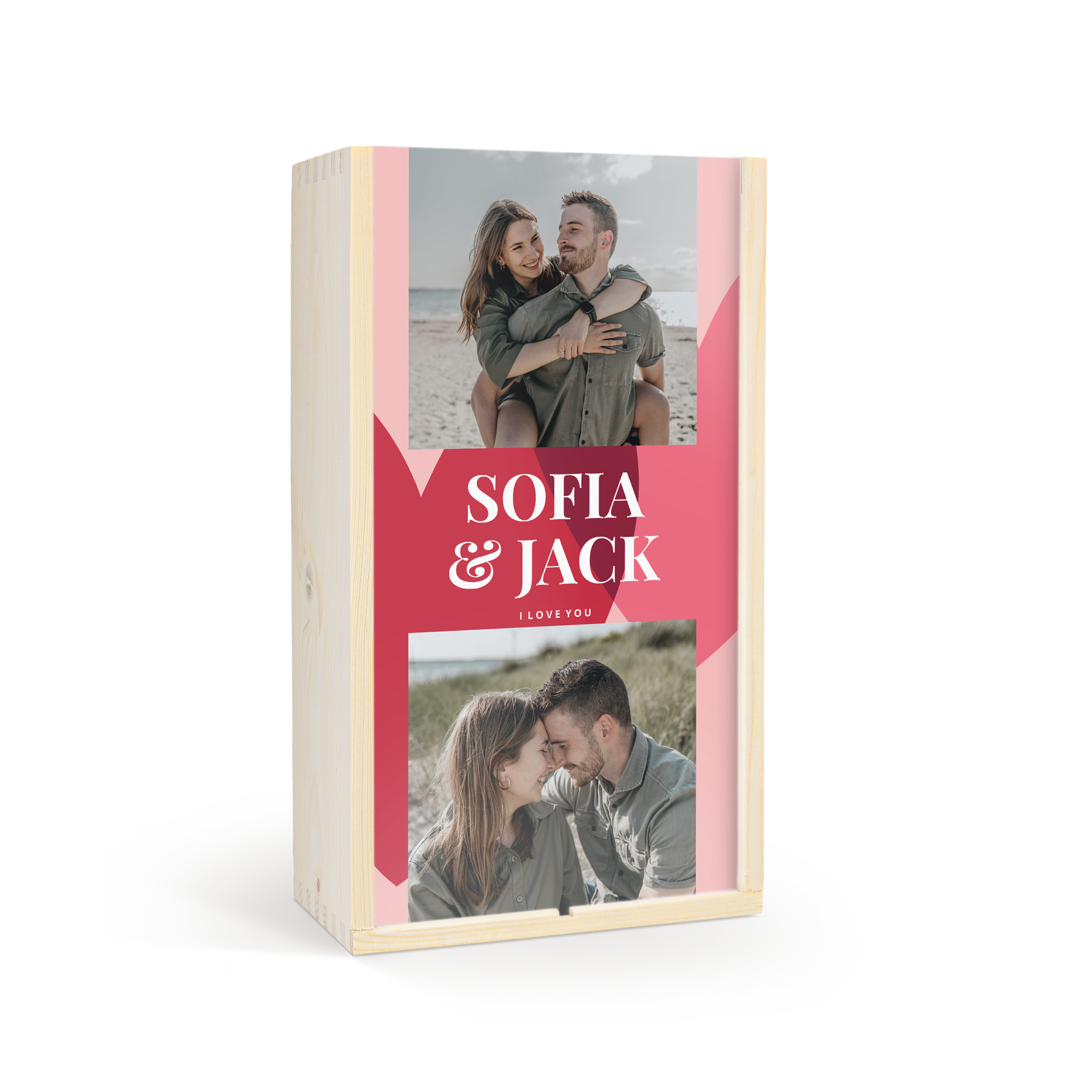 Set de vinuri personalizate Luc Pirlet, cu sticle de vin alb și roz, în cutie de lemn imprimată cu două fotografii și textul Sofia & Jack, I love you.
