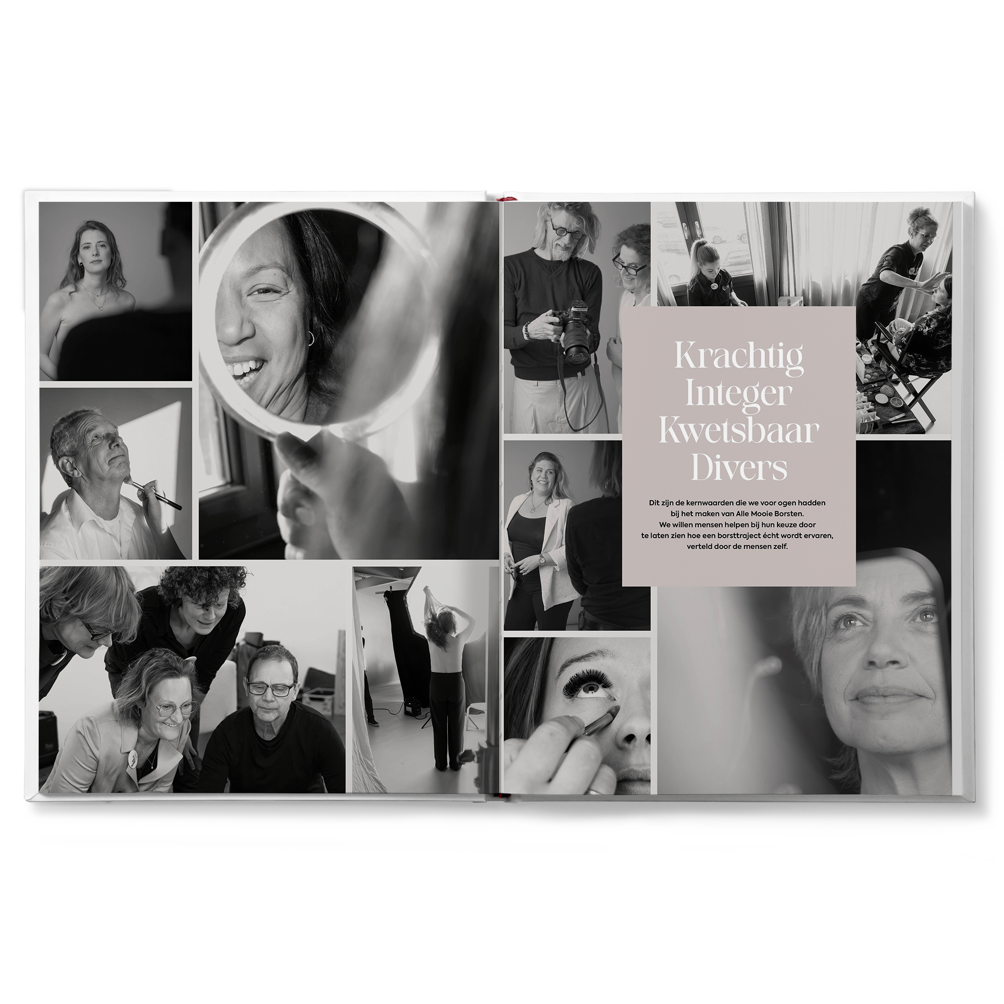 Zwart-wit foto's van mensen en een tekst over Alle Mooie Borsten glossy, te personaliseren.