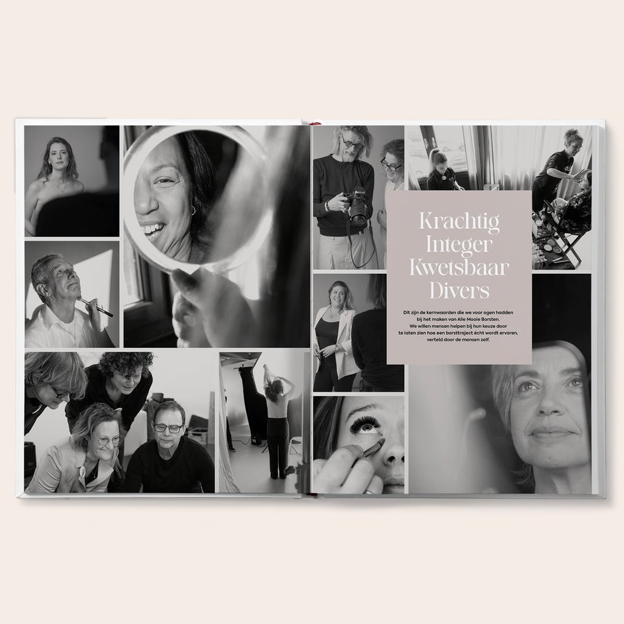 Glossy - Alle Mooie Borsten Een open glossy met verschillende foto's van mensen en de tekst "Krachtig Integer Kwetsbaar Divers" over de glossy Alle Mooie Borsten.