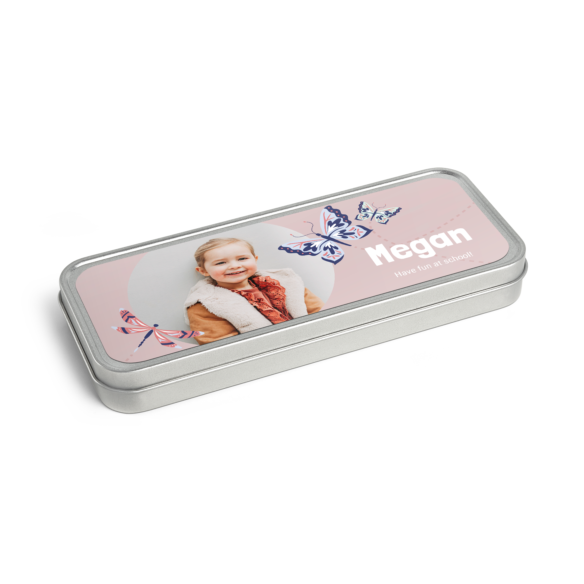 Personalizované pouzdro na pera s fotografií dítěte Megan, motýly a vážkou, růžovým pozadím a textem Have fun at school