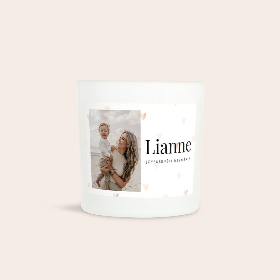 Photophore personnalisé Photophore personnalisé blanc avec photo de mère et enfant imprimée, texte Lianne Joyeuse Fête des Mères
